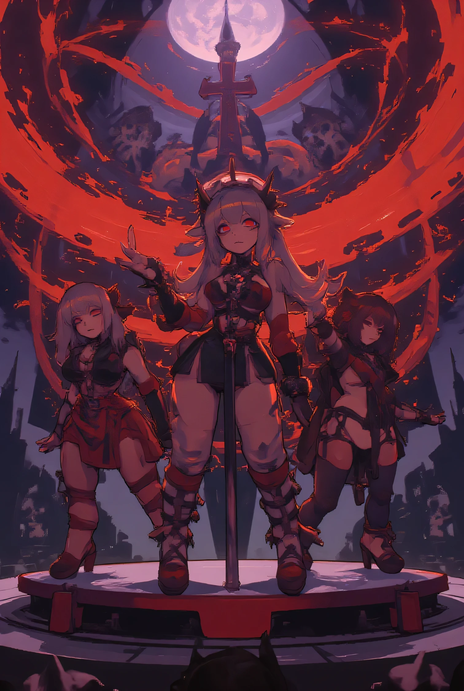 Dramatic dark anime concert scene, three charismatic idol girls perform on a huge stage, microphone surrounded by tongues of hellfire. The first girl in black and red gothic dress with slits, long silver hair flutters, stands in the center with his hand raised and microphone, harsh facial expression, burning red eyes. The second girl in a leather corset and a miniskirt with chains, short black hair with red locks, makes a rock gesture, leaning forward. A third in a torn dress with spikes, long fiery red hair, curves dancing with a. Spirals of red and black flames swirl around them, sparks fly, the stage is decorated with skulls and gothic patterns. dramatic lighting, smoke, light effects, detailed visual kei costumes, expressive facial expressions, Dynamic poses, adentura dark atmosphere