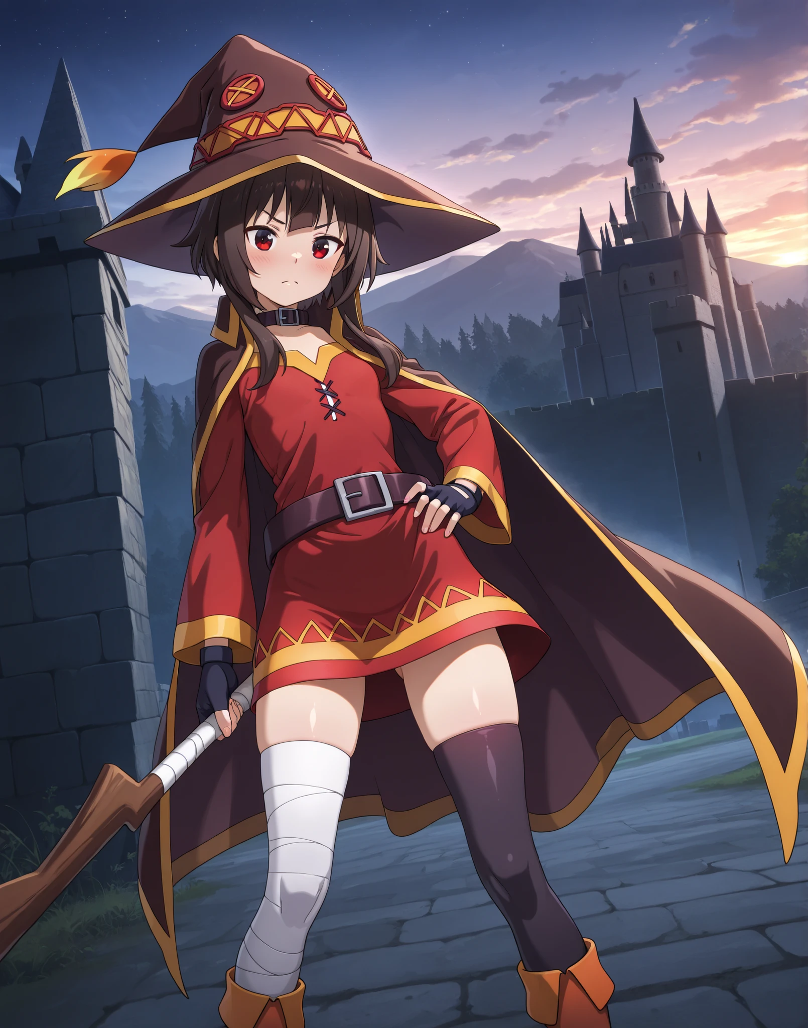 (masterpiece) ,best quality,amazing quality,very aesthetic,absurdres,newest, Best quality), (Masterpiece), ,)), 1girll,l,Solo, ,megumin, short hair, black hair, red eyes, side locks, long locks, thighhighs, gloves, hat,red dress, black gloves, belt, black thighhighs, fingerless gloves, cape, collar, witch hat, bandages, red dress, single thighhigh, asymmetrical legwear, bandaged leg, Outdoor,wilderness,castle, nighttime, serious expression, megumin