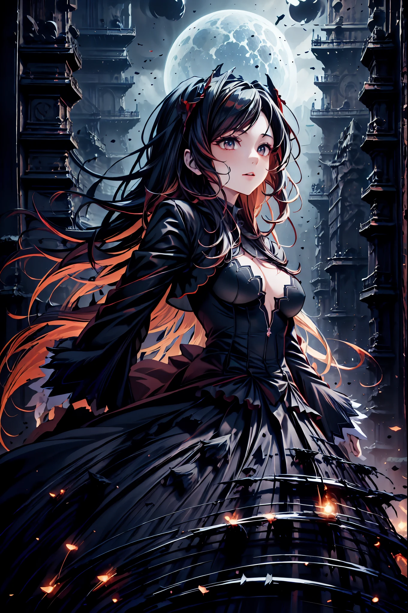 There is only one vampire left alive in this world,Thousand Years of Solitude,Crimson Night、Shadows ,World of Vampires,Family of Vampires,Crimson Night、Shadows ,Detailed Photorealistic Portraits,bust shot,I'm messing with cowboys,gem,black tiara,pale face,Inflammation,delicate texture,Realistic composition,Dynamic Perspective,Dark Gothic Atmosphere,Medieval Europe, ANCIENT CITY,meteor、空から降り注ぐmeteor、無数のmeteor群,I can see the fangs,1 woman,Heavy texture ,amazing lighting,Deep Shadows ,Using Dark and Delicate Colors,painterly texture,high resolution,4K Digital Art,realistic textures,Professional,EXTREME DETAILS,Vivid Color,Bokeh