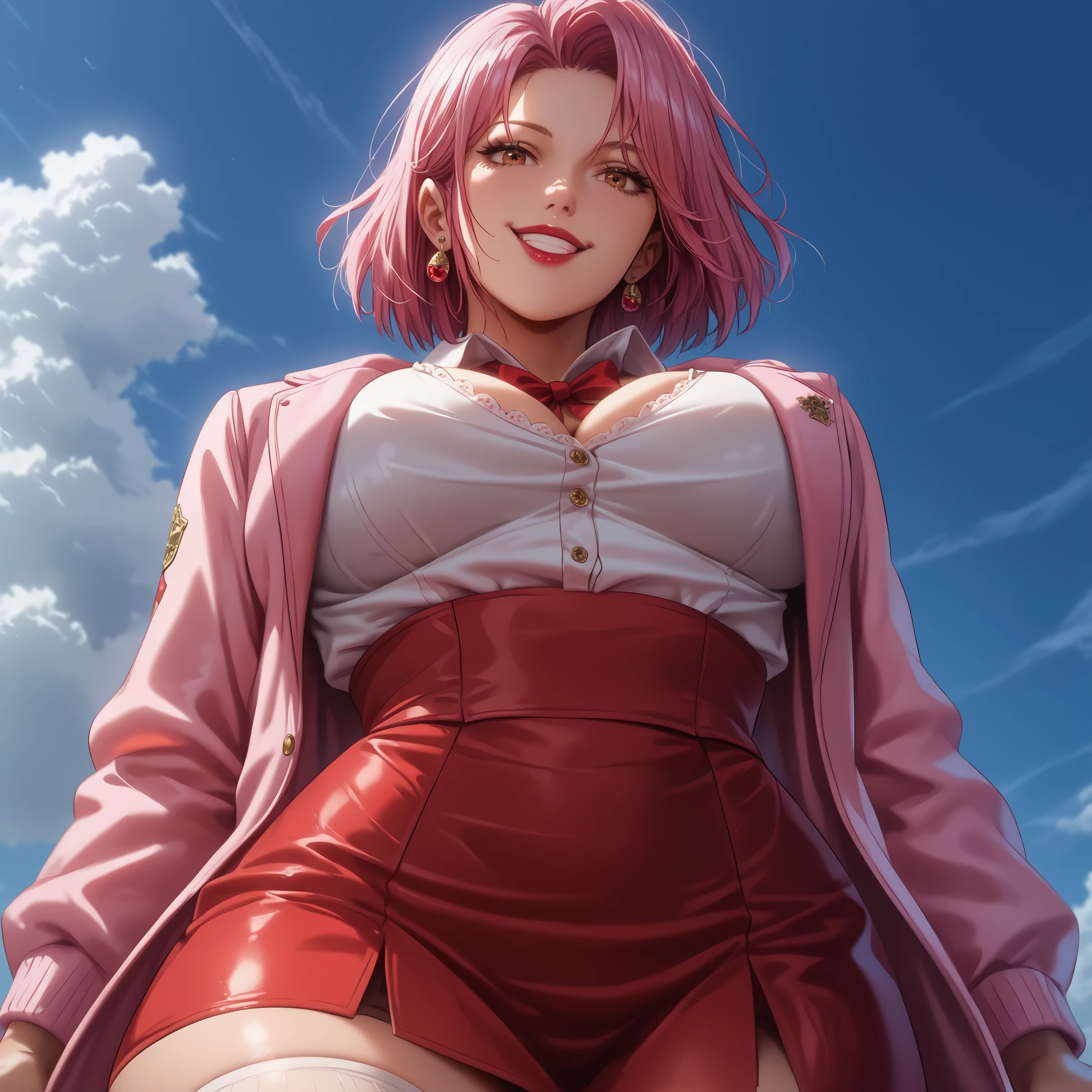 (masterpiece , best quality:1 . 15), red lips, masterpiece, best quality, amazing quality, very beautiful, absurd, latest, scenery, anatomically correct, 16k, UHD, accurate, expressive, dynamic angle, illustration, ultra-detailed, , {{detailed shading, detailed skin}}, {{realistic skin}}, (best quality:1.2), (masterpiece:1.2), (highres:1.3), (extremely detailed:1.2), highly detailed face, symmetrical face, BREAK, 1 girl, solo girl, detailed face, gorgeous face, solo , female, (best quality, highres), perfect hands, five fingers on each hand, short hair, pink hair, short skirt, red lips, cute, pink jacket, frilly skirt, university jacket, , brown eyes, thick thighs, wide , seaside, seaside village background, red skirt, white socks, smiling, red nails, from the waist up, low angle,