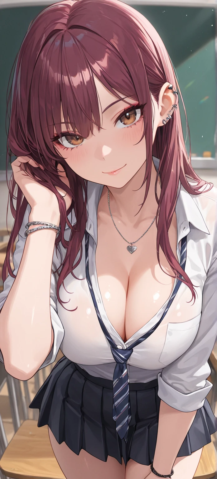 purple eyes, (best quality, masterpiece painting:1.3), Oboro, mature female, 26yo, (half body shot:1.3), schoolgirl, school uniform, (happy, smile, caring look:1.5), purple hair, short hair, stacked bob hair, (:1.2), (narrow waist:1.1), cleavage, perfect body, (athletic body:1.1), soft skin, anime face, perfect face, (perfect eyes:1.3), glowing eyes, purple irises, anime eyes, smoky eyeliner, eyeshadow, asian, looking at viewer, smart, whiteboard background, classroom, sharp focus, intricate details, professional artwork, (vibrant colors:1.1), vivid colors, Diffused lighting, digital blending, ultra detailed body, ultra detail hair, ultra detail face, trending on pixiv, top button opened,