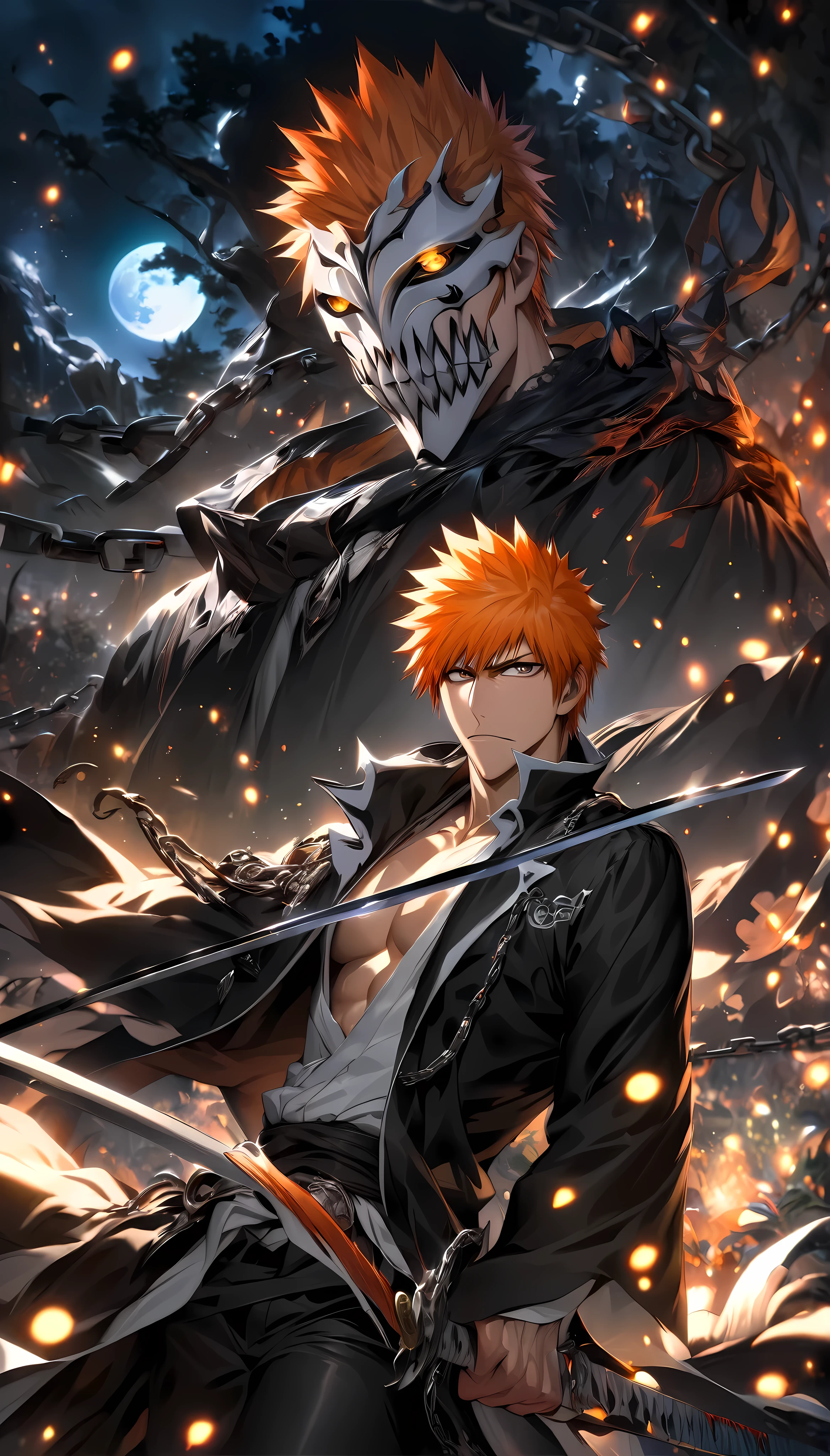 absurdres, highres, ultra detailed, HDR, master piece, best quality, extremely detailed face and eyes, perfect face, Kurosaki Ichigo, expressive brown eyes, orange hair, bleach, solo, sexy man, handsome, black coat, black pants, sword  , looking at you ,moon, fantasy, chains, fireflies , Vivid colour bloom colour , hollow mask