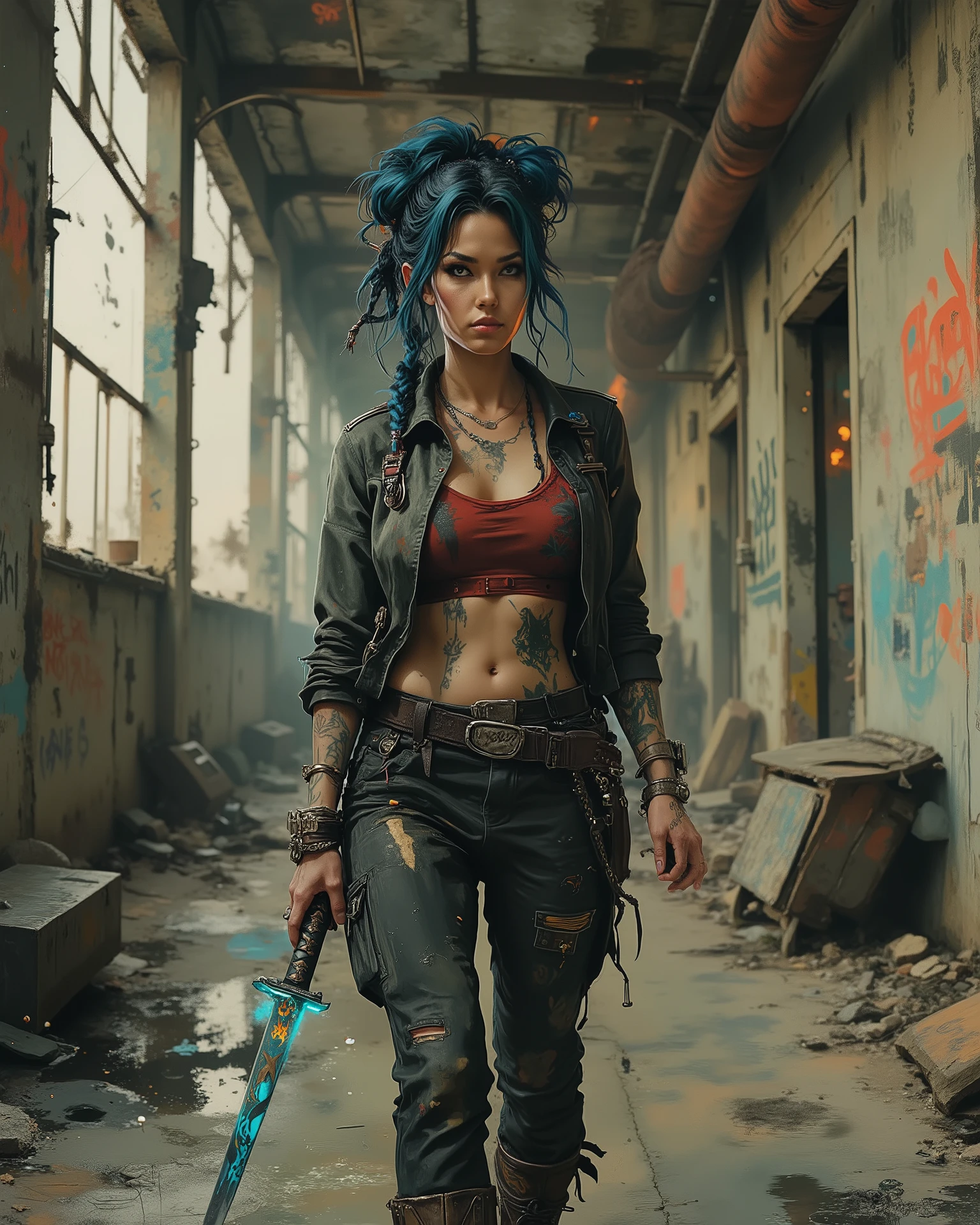 A woman with cobalt-blue hair styled into a cascade of thick braids adorned with metallic charms and chains stands in a derelict warehouse. Her leather jacket, painted with a snarling wolf surrounded by flames, hangs loosely off her shoulders, revealing a crimson bandeau top and a wide belt studded with spikes. Her dark cargo pants are decorated with silver zippers and straps, and her knee-high boots are scuffed and streaked with paint. Her tattoos depict claw marks, abstract fire patterns, and fragments of shattered glass trailing up her arms. She holds a katana with a blade etched in glowing blue runes, the light reflecting off puddles of water on the cracked concrete floor. The background features sagging metal beams, rusted machinery, and graffiti scrawled in neon colors.