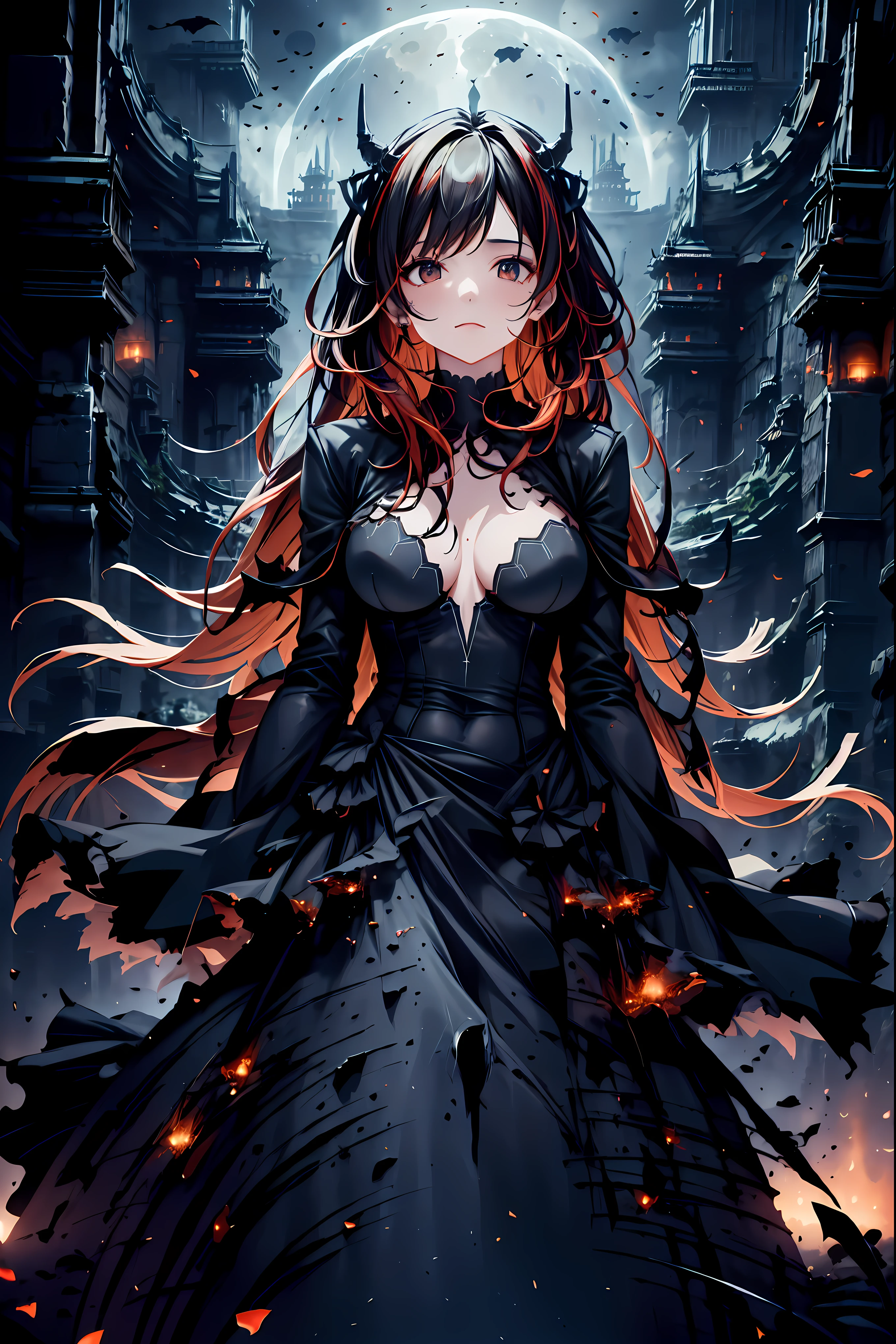 There is only one vampire left alive in this world,Thousand Years of Solitude,Crimson Night、Shadows ,World of Vampires,Family of Vampires,Crimson Night、Shadows ,Detailed Photorealistic Portraits,bust shot,I'm messing with cowboys,gem,black tiara,pale face,Inflammation,delicate texture,Realistic composition,Dynamic Perspective,Dark Gothic Atmosphere,Medieval Europe, ANCIENT CITY,meteor、空から降り注ぐmeteor、無数のmeteor群,I can see the fangs,1 woman,Heavy texture ,amazing lighting,Deep Shadows ,Using Dark and Delicate Colors,painterly texture,high resolution,4K Digital Art,realistic textures,Professional,EXTREME DETAILS,Vivid Color,Bokeh