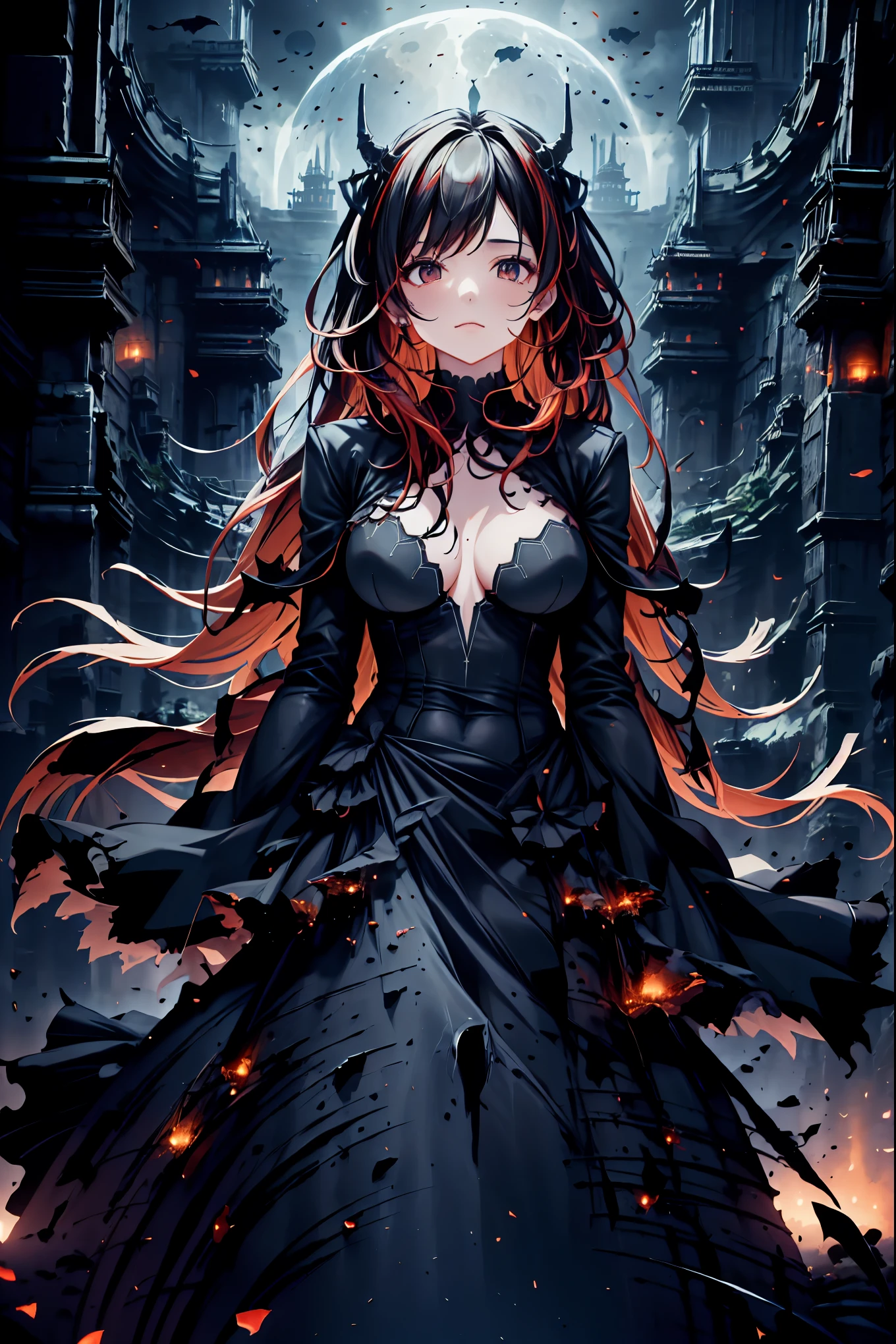 There is only one vampire left alive in this world，Thousand Years of Solitude，Crimson Night、Shadows ，World of Vampires，Family of Vampires,Crimson Night、Shadows  ,Detailed Photorealistic Portraits，bust shot，I'm messing with cowboys，gem，black tiara，pale face，Inflammation,delicate texture,Realistic composition,Dynamic Perspective,Dark Gothic Atmosphere，Medieval Europe，  ANCIENT CITY，meteor、空から降り注ぐmeteor、無数のmeteor群，I can see the fangs，1 woman,Heavy texture  ,amazing lighting,Deep Shadows  ,Using Dark and Delicate Colors,painterly texture,high resolution,4K Digital Art,realistic textures,Professional,EXTREME DETAILS,Vivid Color,Bokeh