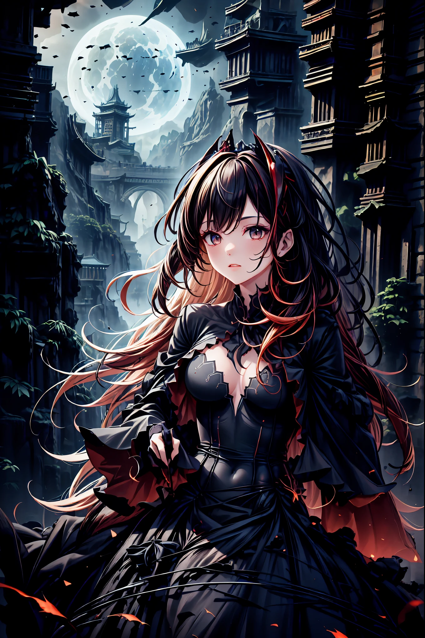 There is only one vampire left alive in this world，Thousand Years of Solitude，Crimson Night、Shadows ，World of Vampires，Family of Vampires,Crimson Night、Shadows  ,Detailed Photorealistic Portraits，bust shot，I'm messing with cowboys，gem，black tiara，pale face，Inflammation,delicate texture,Realistic composition,Dynamic Perspective,Dark Gothic Atmosphere，Medieval Europe，  ANCIENT CITY，meteor、空から降り注ぐmeteor、無数のmeteor群，I can see the fangs，1 woman,Heavy texture  ,amazing lighting,Deep Shadows  ,Using Dark and Delicate Colors,painterly texture,high resolution,4K Digital Art,realistic textures,Professional,EXTREME DETAILS,Vivid Color,Bokeh