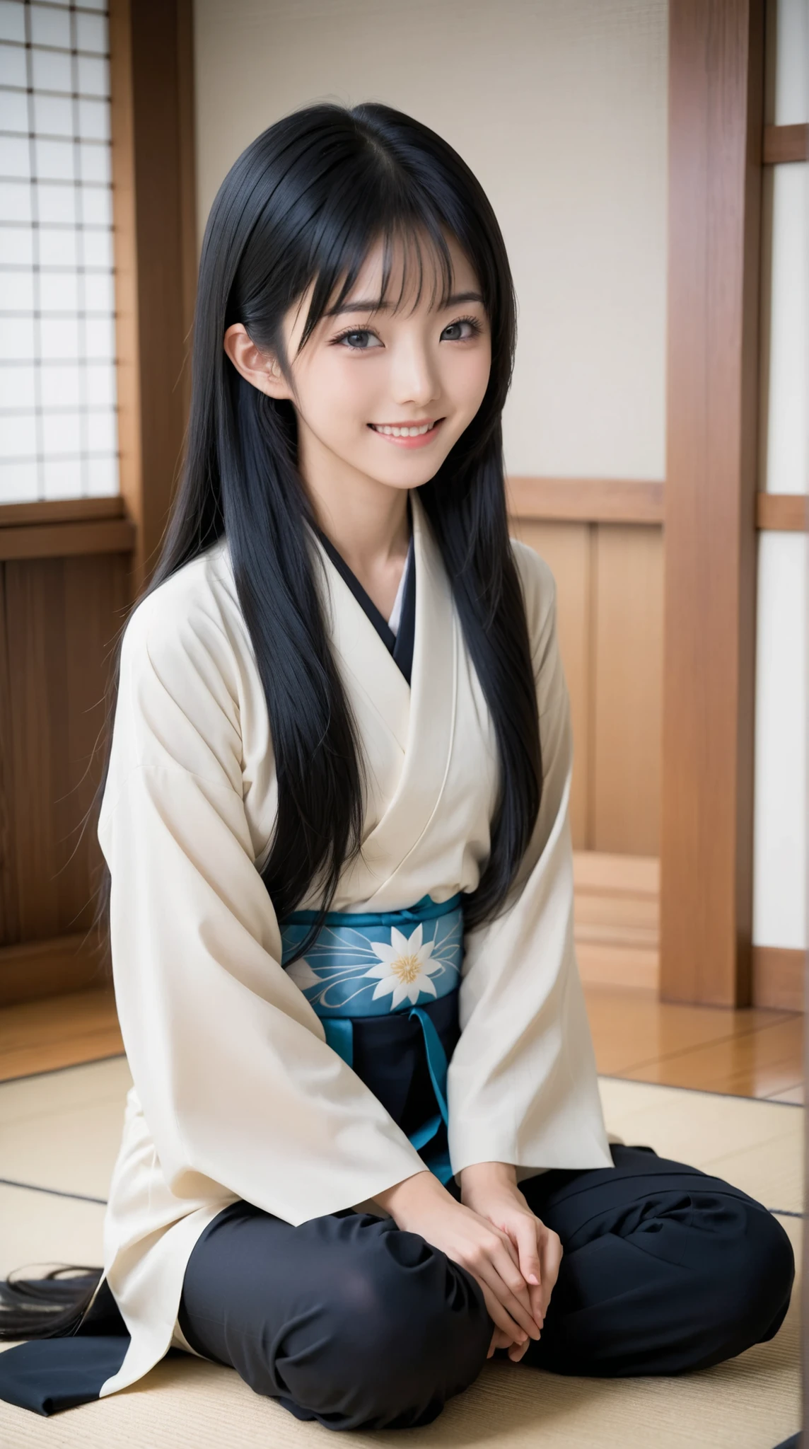 a beautiful 20 year old Japanese woman , long black hair , miko outfit , sitting in seiza , hands on knees , gentle smile , idol -like charm , detailed face , symmetrical face ,