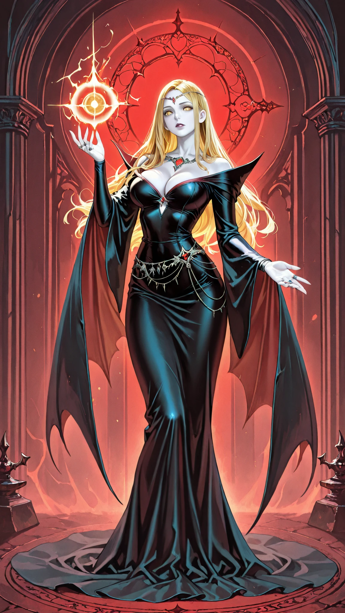 ((a photorealistic glamour shot of an exquisite, glamour female vampire: 1.5)), ((full body: 1.3)), ultra feminine,  pale face, blond hair, long vibrant shiny hair, glamorous hair, emerald green eyes, deep penetrating eyes, red lips, ??????? lips, ((two visible vampiric fangs: 1.5), drops of blood dripping from the mouth, ((1950's style: 1.5)), she wears white elegant glamour dress, intricate details, the dress is studded with diamonds, tight suit,  dynamic color, high heels, dynamic background,  (highest quality:1.2, Very detailed, up to date, Vibrant, Ultra-high resolution, High Contrast, masterpiece:1.2, highest quality, Best aesthetics), best details, best quality, highres, ultra wide angle, 16k, [ultra detailed], masterpiece, best quality, (extremely detailed), Genetically modified..., Cinematic Hollywood Film, dark novel