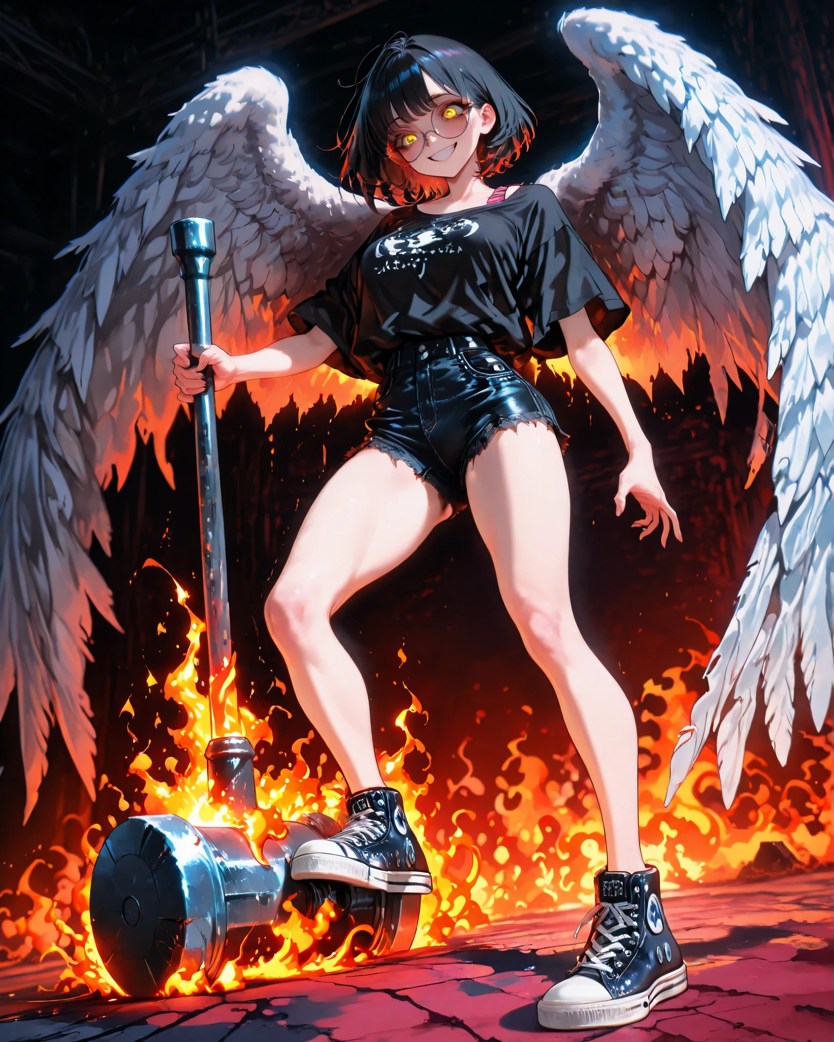 side angle, close-up, (masterpiece, 4k, ultra detailed, vivid colors, dynamic pose), {1woman}: (a beautiful and attractive woman, short black hair, expressive yellow eyes, wearing round prescription glasses, huge angel wings on her back, a black pink striped t-shirt, short black denim shorts and Converse sneakers, standing, holding a huge and gigantic hammer making a movement and hitting and destroying part of the ground, slamming the huge hammer on the ground hard, smiling and looking crazy), a stage in the middle of hell, with flames and flares, all in warmer and reddish tones, perfect lighting creating shadows