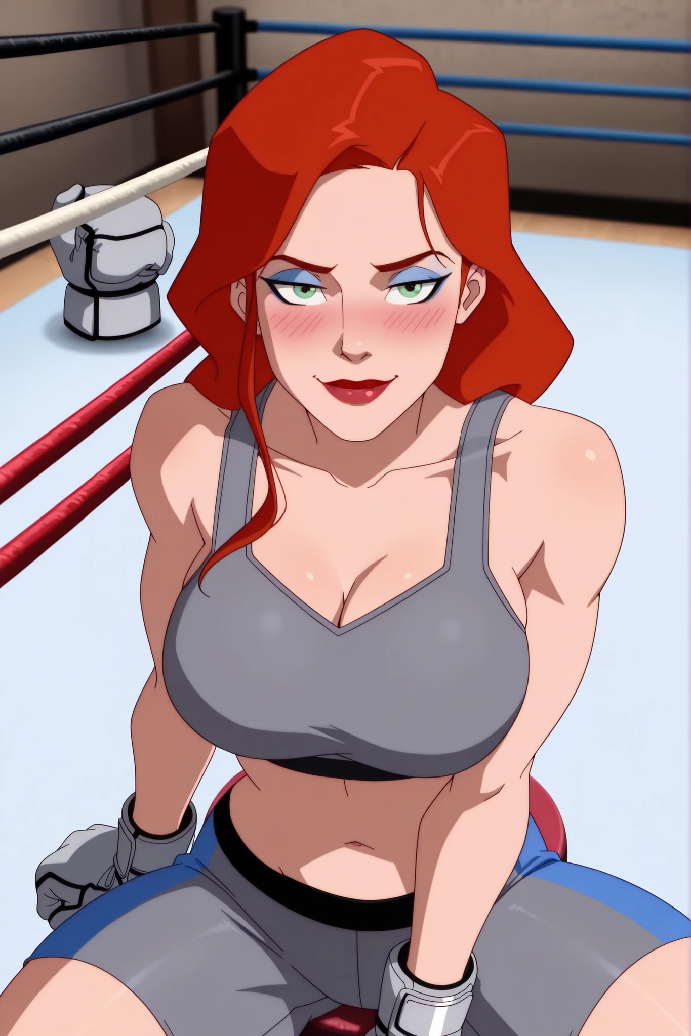 BREAK, score_6_up, score_7_up, score_8_up, score_9, 1girl, solo, long hair, green eyes, red hair, lipstick, makeup, red lips, b4g1rly0, very large breasts, busty, cleavage, curvy, athletic, looking at viewer, seducing viewer, teasing viewer, seductive expression, smiling, closed mouth, bedroom eyes, gray sports bra, gray boxing shorts, gray boxing gloves, indoors, boxing ring, sitting on stool, closeup, portrait, upper body, high-angle view, blushing, blue eyeshadow, black mascara