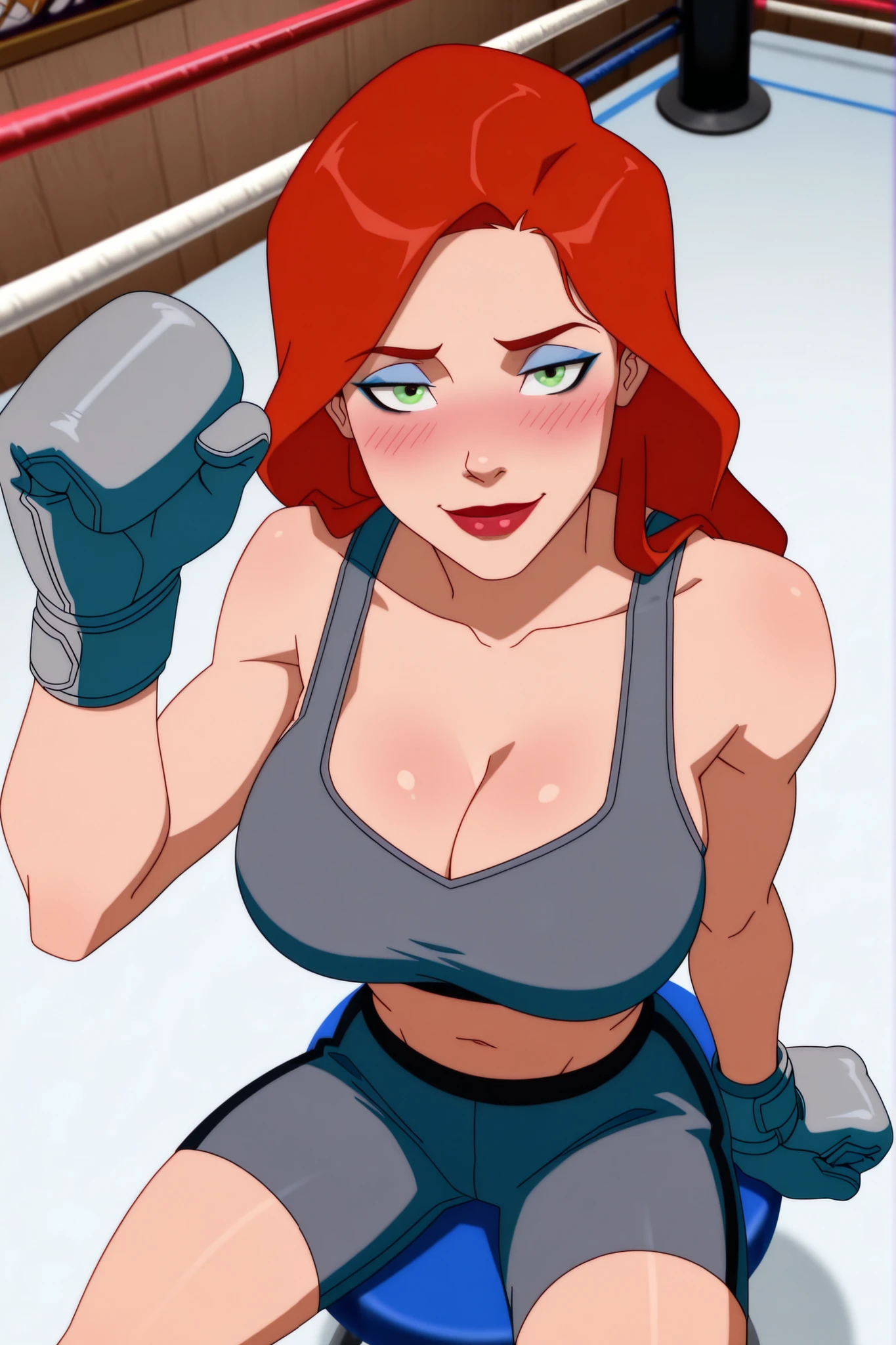 BREAK, score_6_up, score_7_up, score_8_up, score_9, 1girl, solo, long hair, green eyes, red hair, lipstick, makeup, red lips, b4g1rly0, very large breasts, busty, cleavage, curvy, athletic, looking at viewer, seducing viewer, teasing viewer, seductive expression, smiling, closed mouth, bedroom eyes, gray sports bra, gray boxing shorts, gray boxing gloves, indoors, boxing ring, sitting on stool, closeup, portrait, upper body, high-angle view, blushing, blue eyeshadow, black mascara