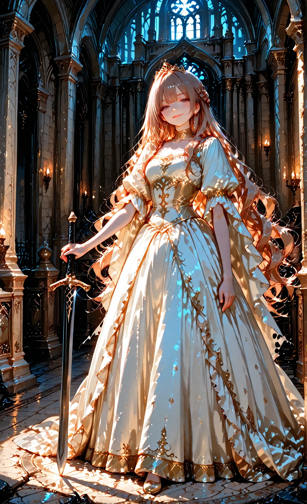 (masterpiece:1.3,8k:1.3,Highest Quality:1.3,detail:1.3,high resolution:1.3,Digital Painting,Super Detailed), Anime Art, long flowing hair, wearing a dirty ripped elegant royal dress, holding the sword firmly , standing between dark ruined thrones, a cunning smile on her lips, sparkling moonlight casting dramatic shadows, Cinematic atmosphere