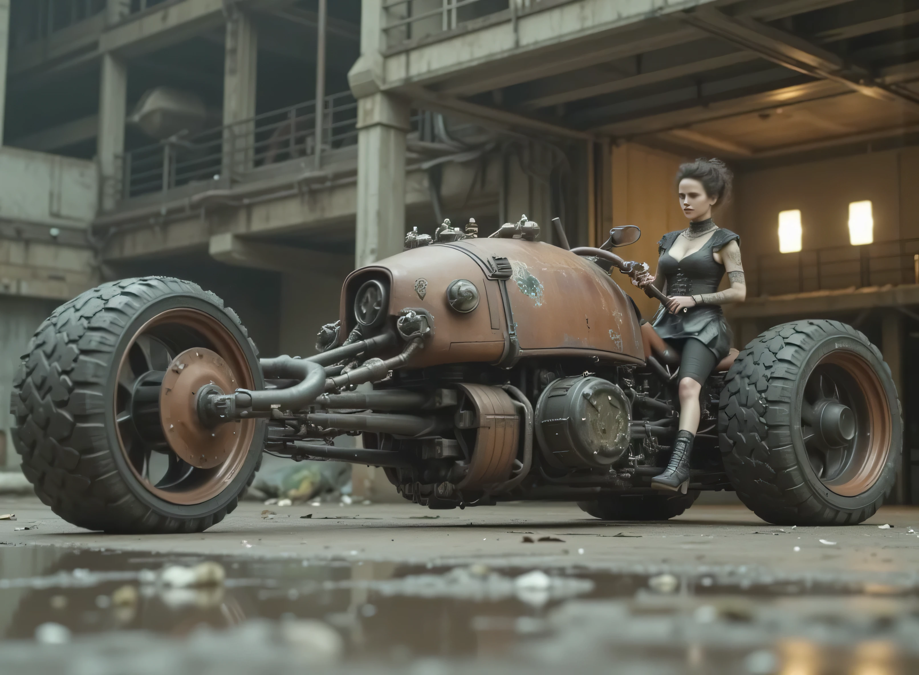 The image shows a desolate stage with a Renegade Princess, and taking the handlebars to adapt to the speed on a uniquely designed motorcycle that embodies a steampunk or post-apocalyptic aesthetic. The motorcycle is sturdy, has only 2 sturdy all-terrain wheels, with a mix of exposed mechanical components, are evident such as large barrels and intricate pipes,  with a worn palette of rusty colors and graffiti that hint at its robust durability. the renegade princess, dressed in a striking black gothic dress with corset, straps and chains as well as punk jewelry and industrial calf-length boots, radiates confidence with her miniskirt. Her outfit suggests a rebellious and daring style wearing lots of punk silver jewelry and showing off her Aztec tattoos, to complement the intense environment. The dark, desolate and deserted industrial background,  which contrasts with the elegance of the motorcycle. The ground is wet, possibly due to the recent rain, that reflects light weight and that contributes to changing environment of the scene. Elements of dirt and decay are evident, but the composition retains a sense of dynamic action and adventure.