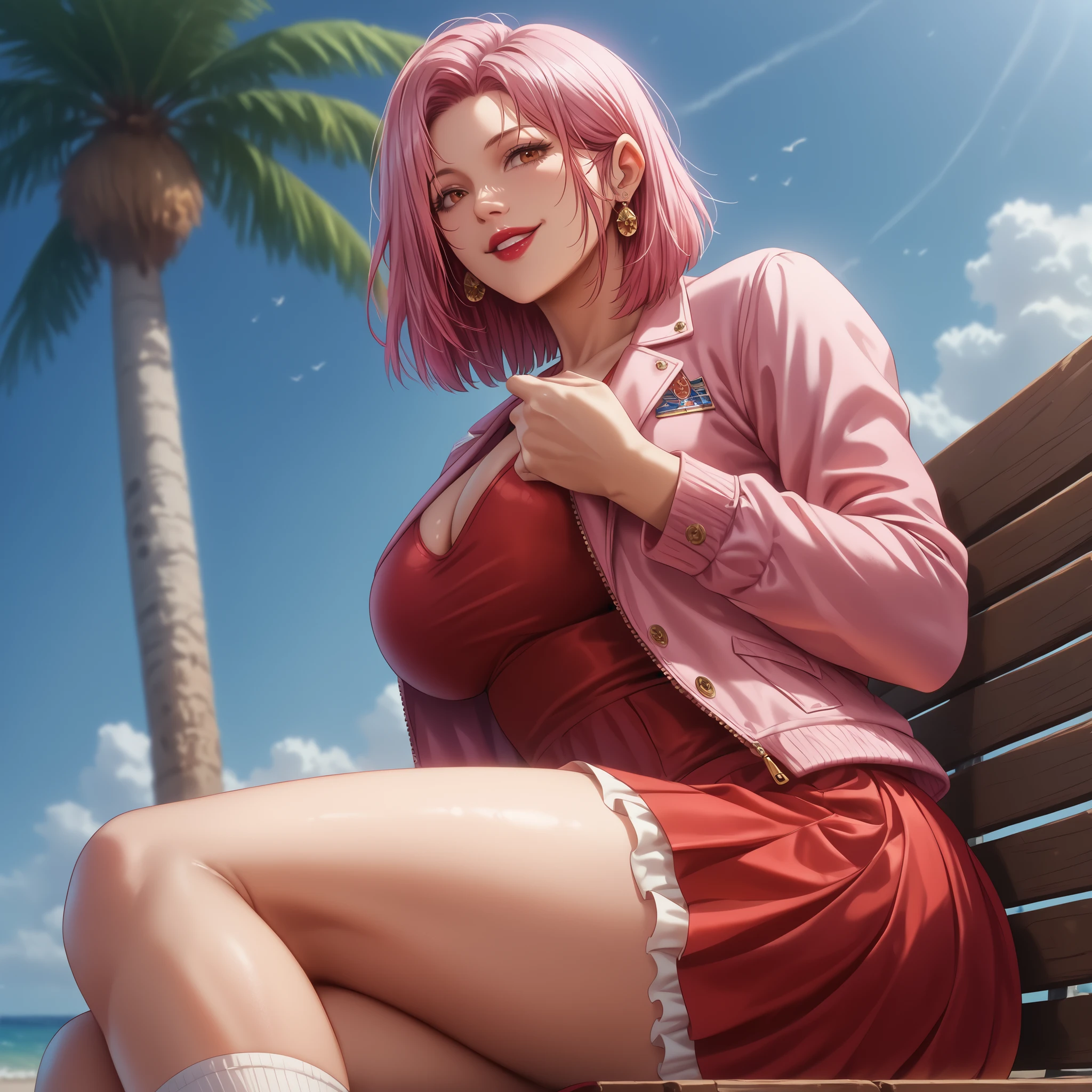 (masterpiece , best quality:1 . 15), red lips, masterpiece, best quality, amazing quality, very beautiful, absurd, latest, scenery, anatomically correct, 16k, UHD, accurate, expressive, dynamic angle, illustration, ultra-detailed, , {{detailed shading, detailed skin}}, {{realistic skin}}, (best quality:1.2), (masterpiece:1.2), (highres:1.3), (extremely detailed:1.2), highly detailed face, symmetrical face, BREAK, 1 girl, solo girl, detailed face, gorgeous face, solo , female, (best quality, highres), perfect hands, five fingers on each hand, short hair, pink hair, short skirt, red lips, cute, pink jacket, frilly skirt, university jacket, , brown eyes, thick thighs, wide , seaside, seaside village background, red skirt, white socks, red nails, sitting, bench, by the sea, happy, low angle, from the front