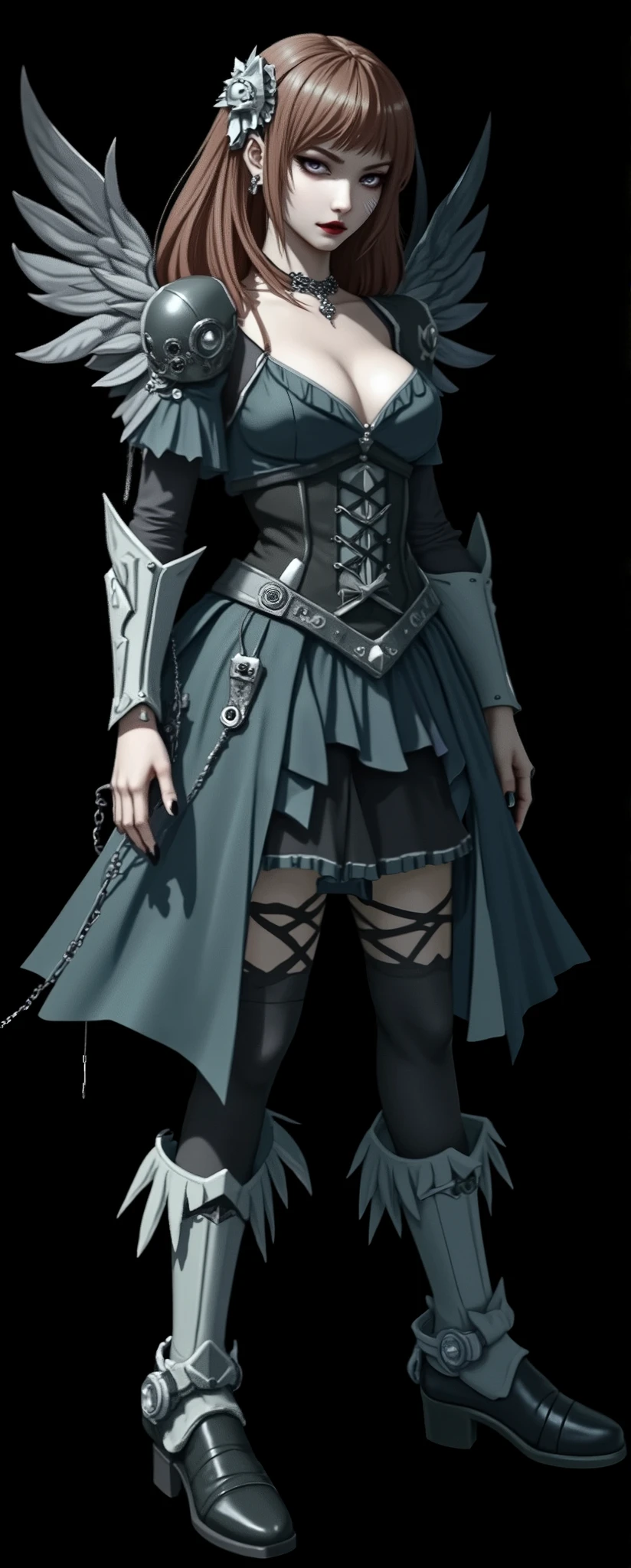 gothanigirls, anime woman, full body, light brown and grey hair, front view, A-pose, female beautiful, psychopath, crazy, angel of death concept, mechanical wings, goth, dark, perfect composition