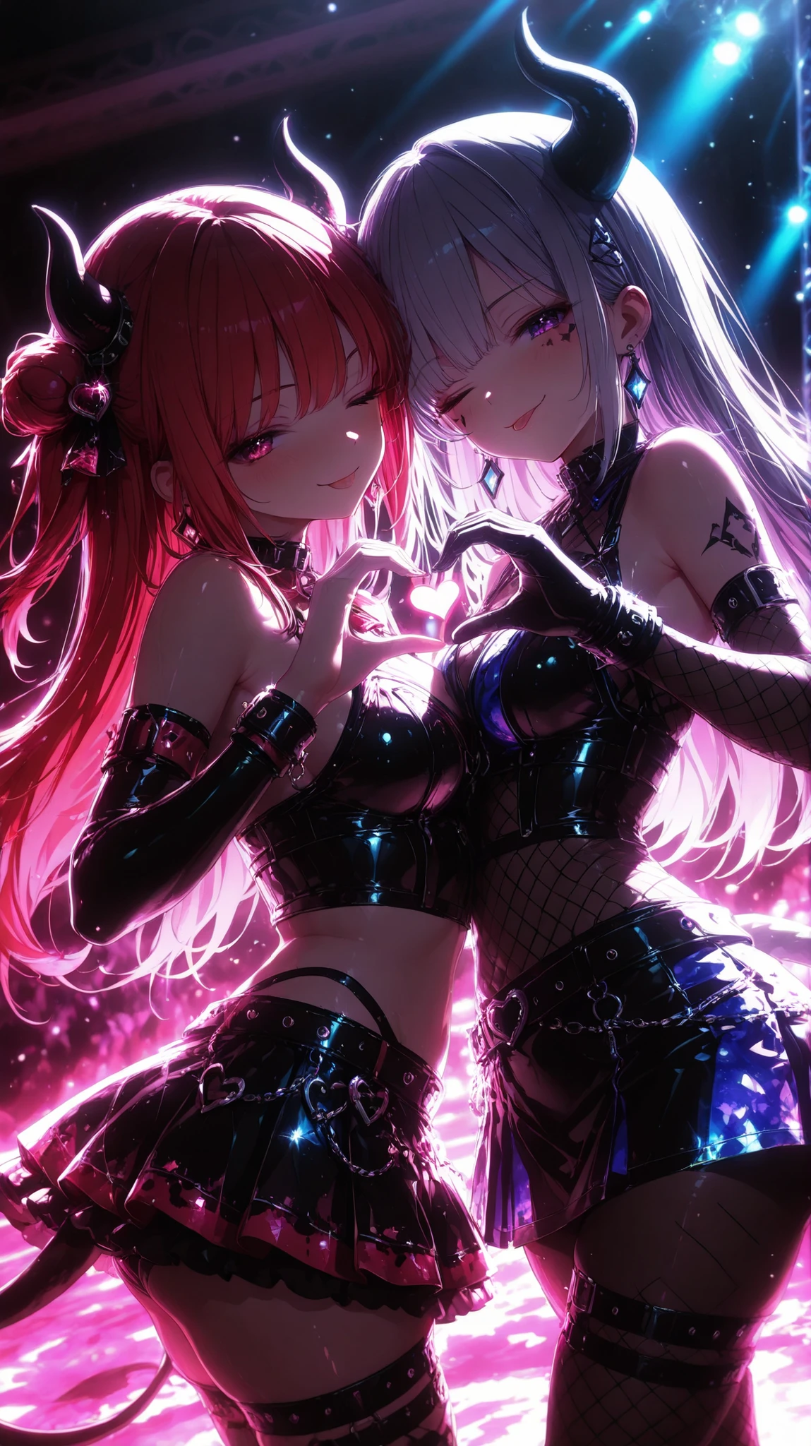 2girls , A two-member idol unit formed by hell's jailers , Cow Girl and Horse Girl , heart hands duo , Souls who have fallen into hell and the demon jailers revel at an idol concert , Hell's Background , Idol Live Performance , Bondage, leather miniskirt, fishnet bodystocking , naughty face , punk makeup , ;p
break ,
( ambient occlusion:0.9 ) , masterpiece , best quality , ultra-detailed , high resolution , extremely detailed CG , unity 8k wallpaper , super detailed skin , perfect anatomy , detailed beautiful face , detailed beautiful eyes , highres , chiaroscuro , highly detailed background , elaborately designed clothes , dramatic lighting , dramatic angle , light particles , ARW ,