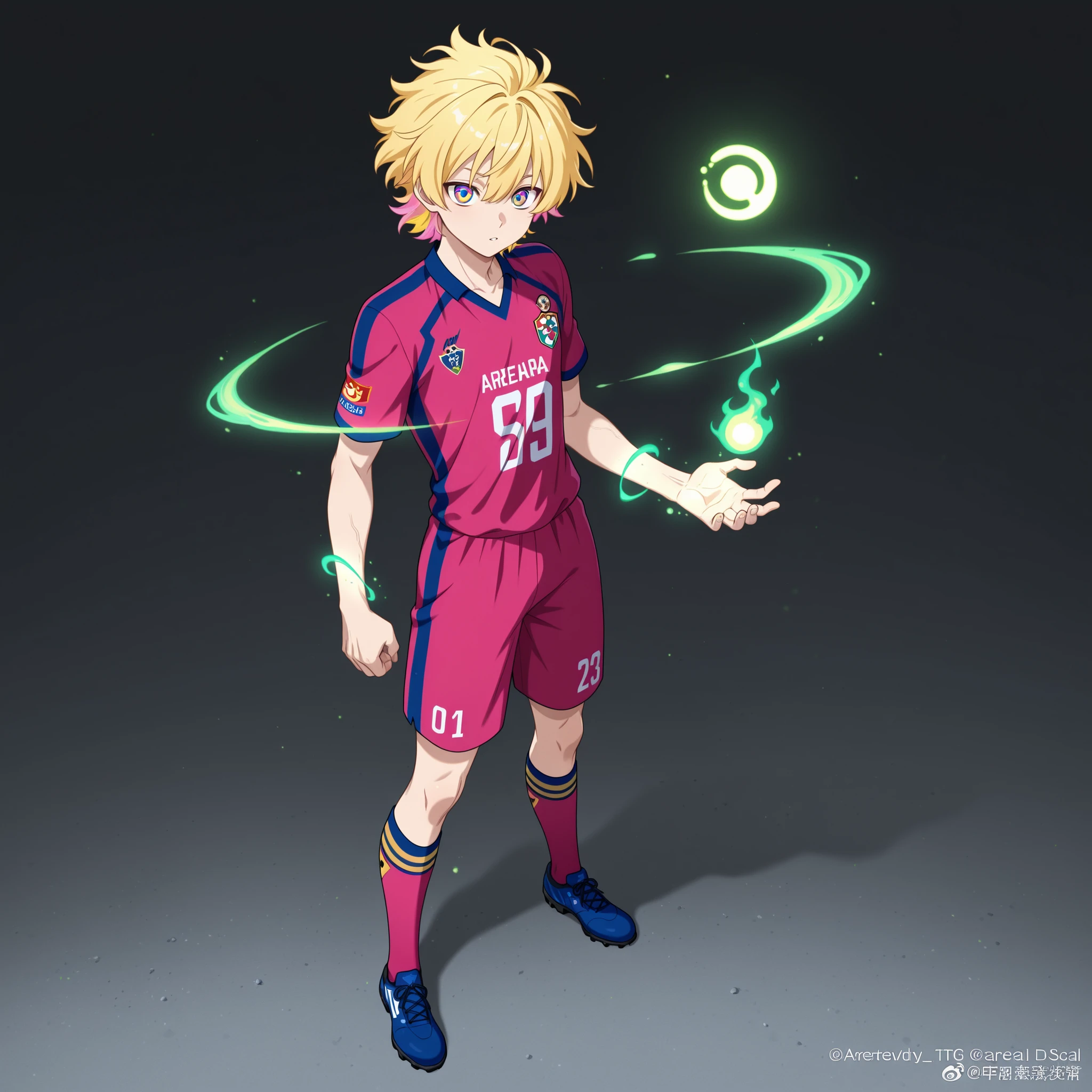 full body, agressive style, anime boy, soccer uniform , blond hair ,pink highlights, multicolored eyes , glowing Karma seal ,