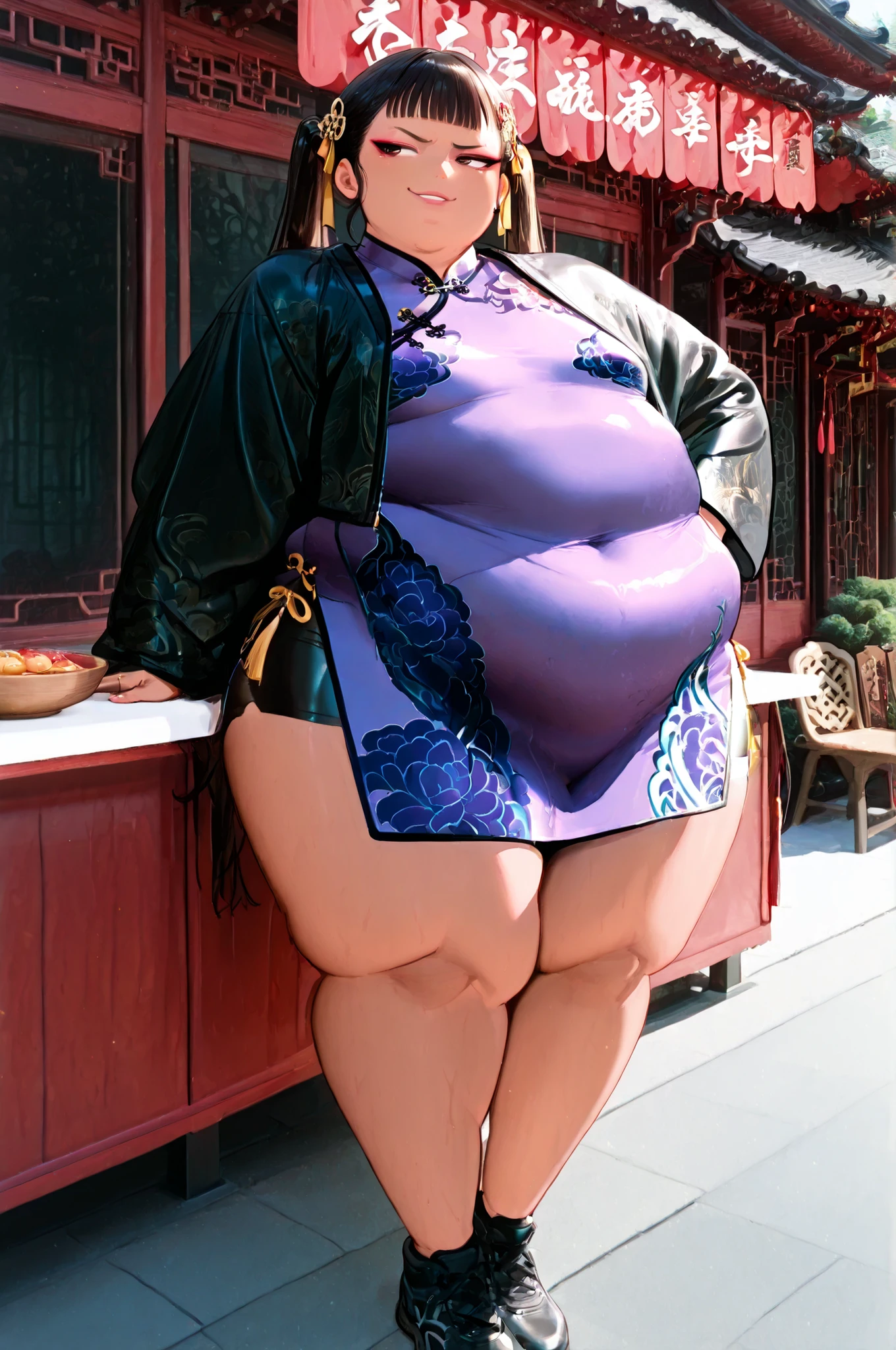 ,masterpiece, best quality,1girl, solo,Z03yKP0P, long hair, black hair, twin tails, brown eyes, lips, dark brown skin, Asian, shirt, long sleeves, hair ornament, ribbon, hair ribbon, open clothes, shorts, open jacket, black jacket, black shorts, Chinese clothes, short dress, bike shorts, China dress, yellow ribbon, purple dress, smug, full body, outdoors, restaurant