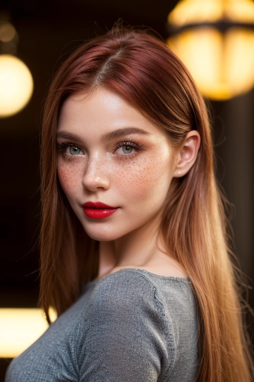 hyperrealistic beautiful busty 18-year-old women in red longsleeve croptop with shiny metallic puffer-jacket and leather leggins, model shooting full body photography, natural redhead very long straight hair, dark eye makeup with eyeliner,  smile, small necklace and earrings, 8K, best quality, Meisterwerk, ultra high resolution, (Realismus: 1.4), Originalfoto, (realistische Hautstruktur: 1.3), (Filmkorn: 1.3), (Selfie-Winkel), 1 girl, Beautiful round eyes and  details, Meisterwerk, best quality