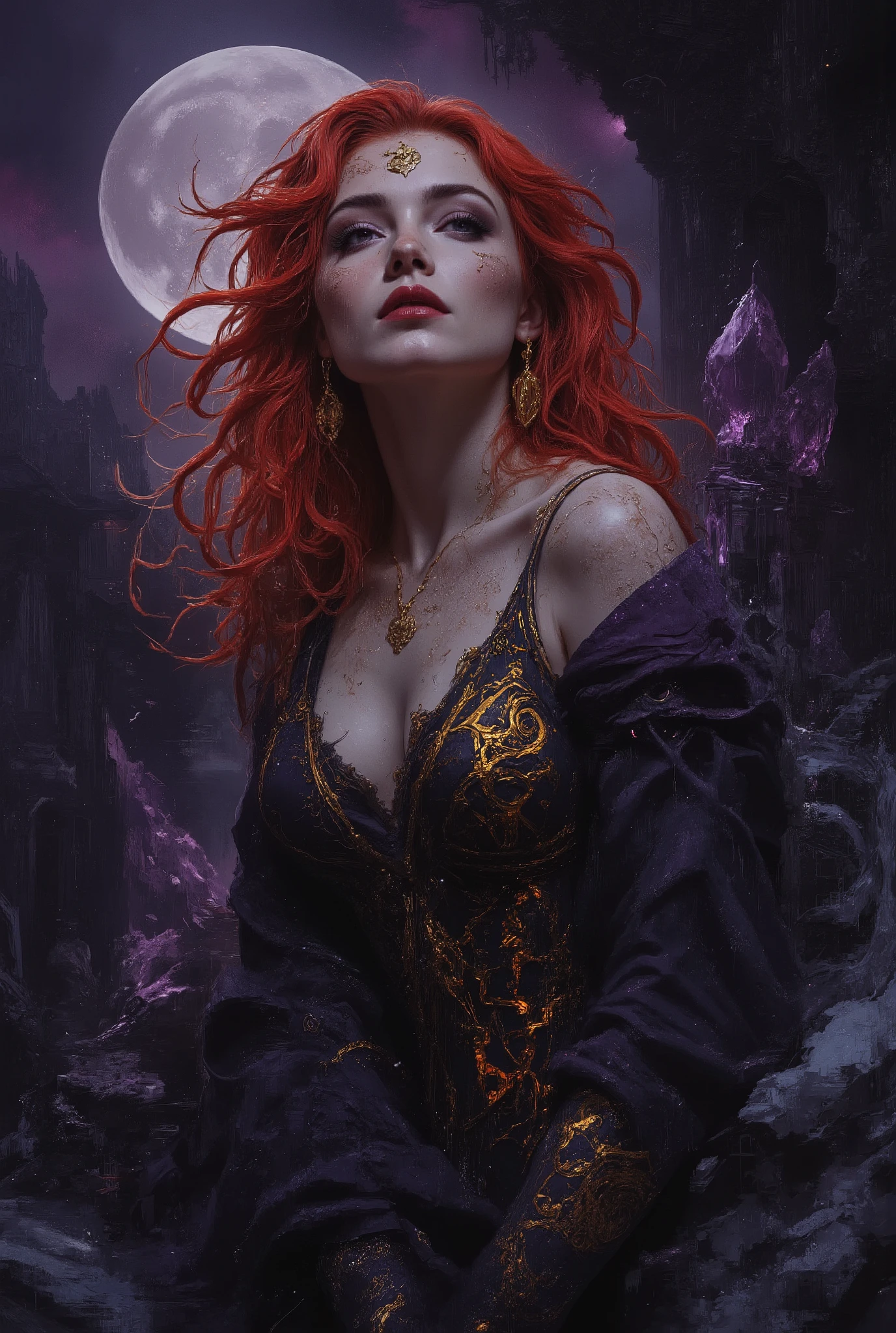 Intimate semi realistic surreal portrait of a divine siren goddess, oil painting with expressive brushstrokes, impossibly beautiful eyes like deep cosmic pools - huge and mesmerizing with gold-flecked violet irises burning with inner fire, framed by thick dark lashes casting dramatic shadows on her perfect cheekbones, face of devastating angelic beauty with sharp European features that transcend human perfection, high aristocratic cheekbones with intense iridescent glow, full pouty lips painted deep wine red and parted in a seductive half-smile, luminous alabaster skin like living moonstone contrasting with deep shadows, statuesque goddess form with dangerous curves arched provocatively on black marble balcony carved with glowing ancient runes, skin-tight black silk dress soaked by sea spray clinging to every divine curve like a second skin, plunging neckline with large beautiful cleavage revealing flawless décolletage adorned with hypnotic swirling marks that pulse with starlight, cascading crimson hair with deep purple undertones floating wildly in supernatural wind, generous natural curves straining against the midnight silk that ripples like liquid shadow, long graceful neck arched back exposing throat adorned with glowing sigils, piercing eyes holding an irresistible magnetic gaze, atmosphere electric with dark romantic energy, blood moon casting crimson light through storm clouds while aurora borealis dances in violent purple and gold, razor-sharp crystalline structures growing from ancient stone like frozen lightning, otherworldly mist coiling possessively around her figure, pose radiating both power and invitation, extreme contrast between light and shadow, masterwork quality, photorealistic detail, dark fantasy romance, 8k resolution