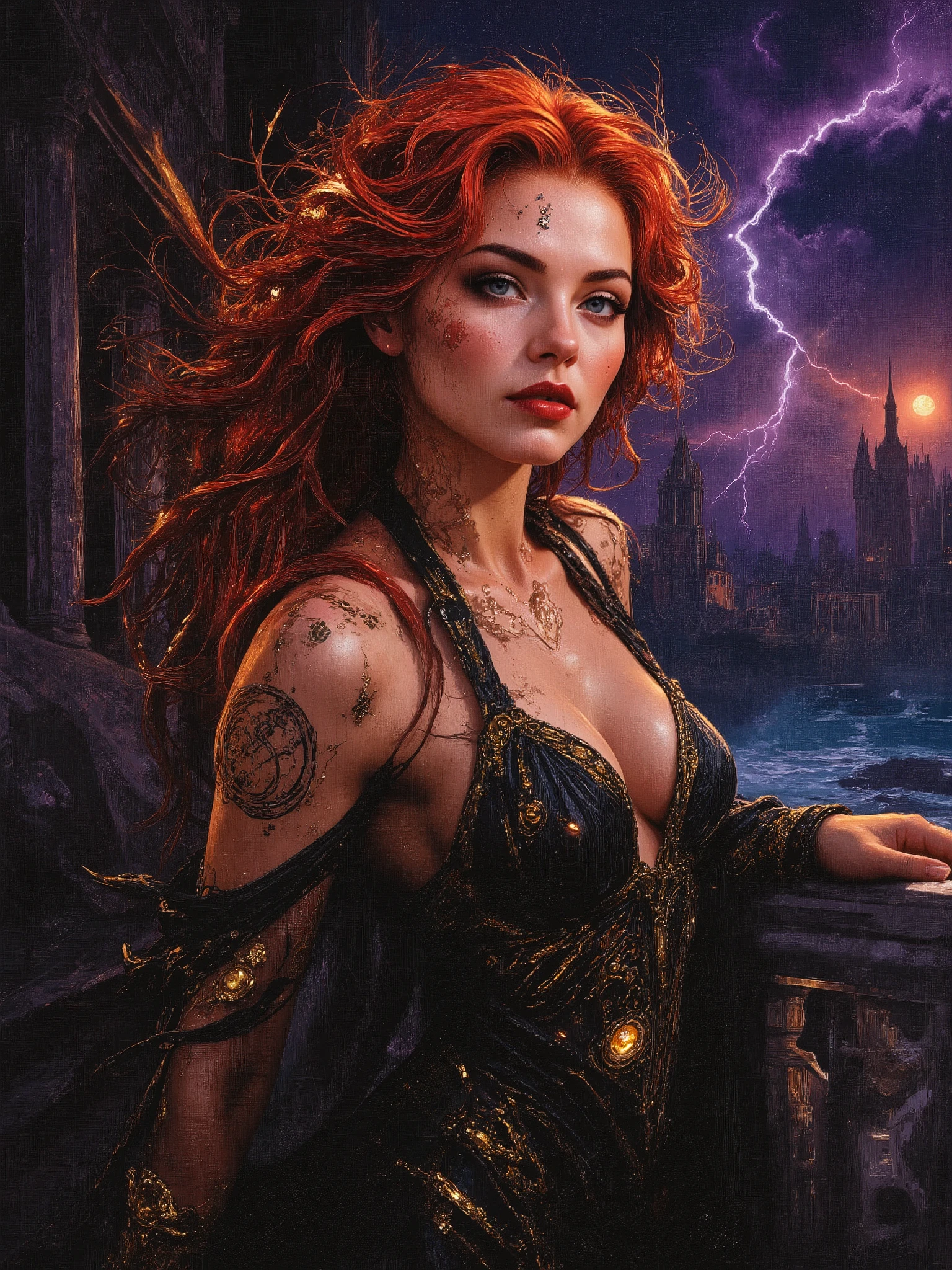 Intimate semi realistic surreal portrait of a divine siren goddess, oil painting with expressive brushstrokes, impossibly beautiful eyes like deep cosmic pools - huge and mesmerizing with gold-flecked violet irises burning with inner fire, framed by thick dark lashes casting dramatic shadows on her perfect cheekbones, face of devastating angelic beauty with sharp European features that transcend human perfection, high aristocratic cheekbones with intense iridescent glow, full pouty lips painted deep wine red and parted in a seductive half-smile, luminous alabaster skin like living moonstone contrasting with deep shadows, statuesque goddess form with dangerous curves arched provocatively on black marble balcony carved with glowing ancient runes, skin-tight black silk dress soaked by sea spray clinging to every divine curve like a second skin, plunging neckline with large beautiful cleavage revealing flawless décolletage adorned with hypnotic swirling marks that pulse with starlight, cascading crimson hair with deep purple undertones floating wildly in supernatural wind, generous natural curves straining against the midnight silk that ripples like liquid shadow, long graceful neck arched back exposing throat adorned with glowing sigils, piercing eyes holding an irresistible magnetic gaze, atmosphere electric with dark romantic energy, blood moon casting crimson light through storm clouds while aurora borealis dances in violent purple and gold, razor-sharp crystalline structures growing from ancient stone like frozen lightning, otherworldly mist coiling possessively around her figure, pose radiating both power and invitation, extreme contrast between light and shadow, masterwork quality, photorealistic detail, dark fantasy romance, 8k resolution