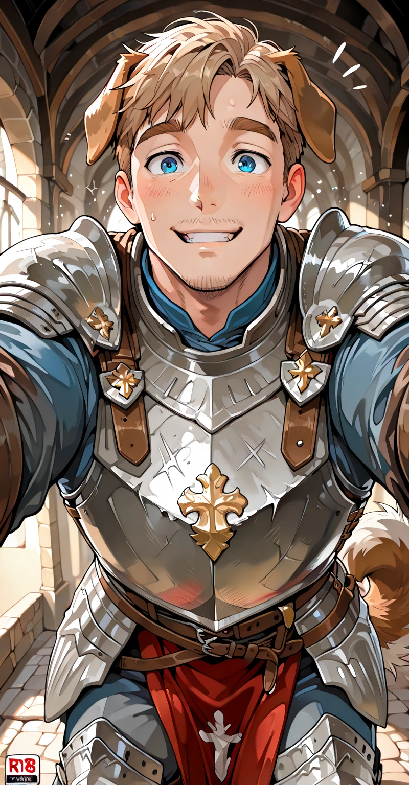 best quality, masterpiece, stocky man, short blond hair, he looks like laios touden, wearing metal armor, no bottoms, , projectile , bukakke, , open mouth gasping for air, blushing, hands chained to dirty dungeon wall, sexy, gay, homoerotic, extremely dramatic shadows, romantic atmosphere, perfection, no watermark, no logo, no signature