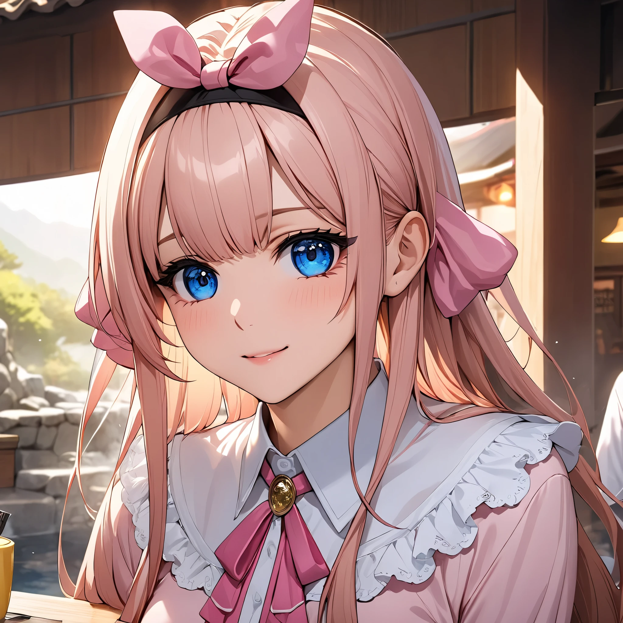 1girl, light pink gold hair, long hair, blue eyes, Mass-produced blouse,pink blouse, hair ribbon, pink ribbon, pink ribbon tie, cafe break - the face is drawn in detail, Up to every eyelash , very detailed faces at a Japanese hot spring, very detailed eyes, Clear Focus、masterpiece、 a compliment by touching a girl , 16k, high resolution, Super Details, 超high resolution, masterpiece、Beautiful Attention to Details:1.2, perfect writing, (perfect hands, perfect anatomy), accurate depiction, game CG, vivid color,gentle smile