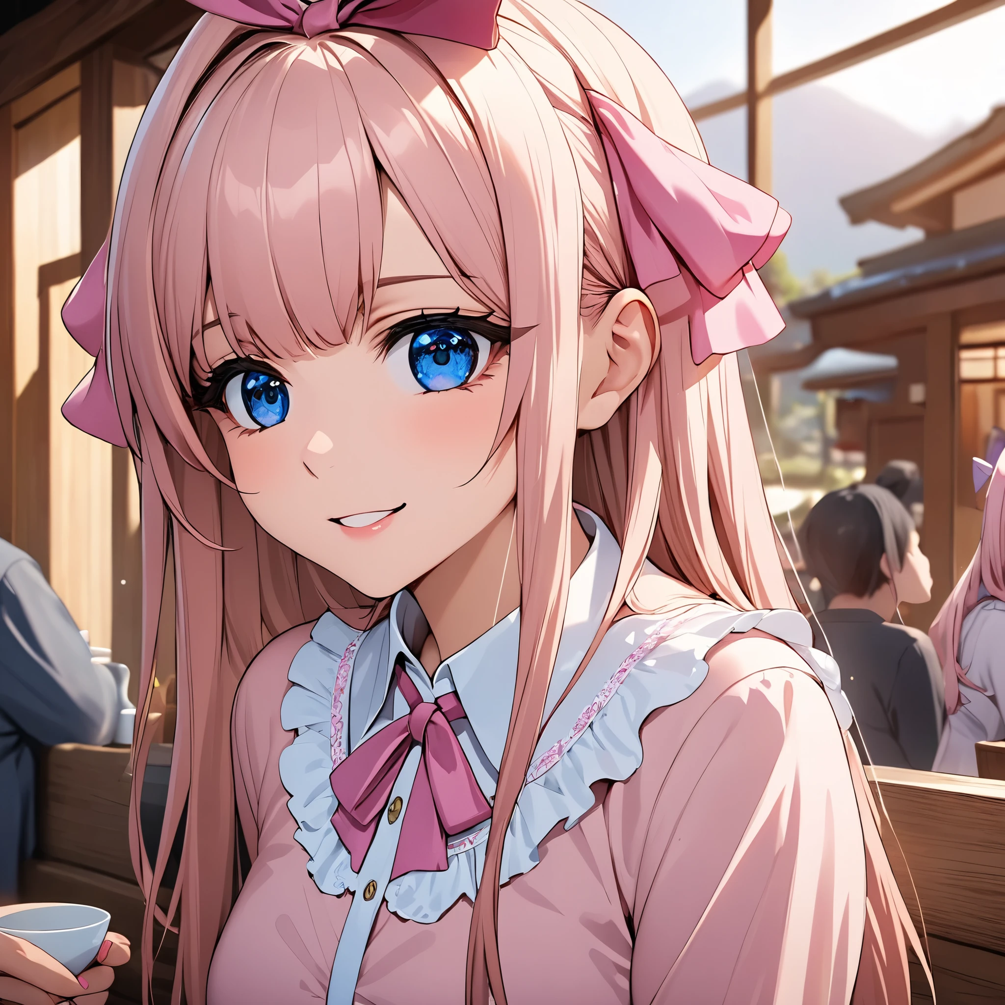 1girl,  light pink gold hair, long hair, blue eyes, Mass-produced blouse,pink blouse, hair ribbon, pink ribbon, pink ribbon tie, cafe break - the face is drawn in detail, Up to every eyelash , very detailed faces at a Japanese hot spring, very detailed eyes, Clear Focus、masterpiece、 a compliment by touching a girl , 16k, high resolution, Super Details, 超high resolution, masterpiece、Beautiful Attention to Details:1.2, perfect writing, (perfect hands, perfect anatomy), accurate depiction,  game CG, vivid color,gentle smile
