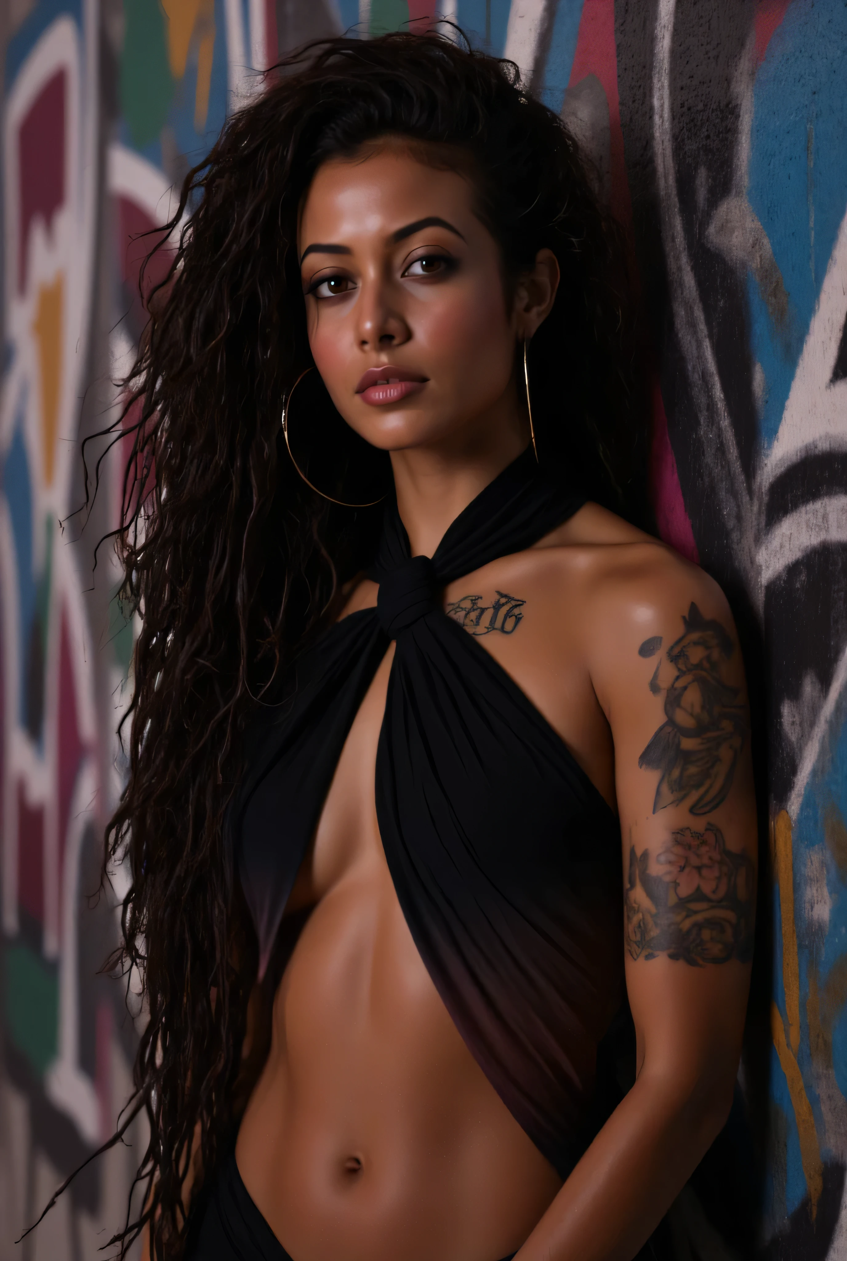 a woman with long black messy dreadlocks, black knotted halter midi dress, gangster tattoos on midriff and arms, leaning against a wall full of graffiti, beautiful detailed eyes, beautiful detailed lips, extremely detailed eyes and face, long eyelashes, , sensual pose, cinematic lighting, dramatic shadows, moody atmosphere, vivid colors, photorealistic digital illustration, ultra detailed, 8k, highest quality, masterpiece, anatomically perfect, dark background, night time.