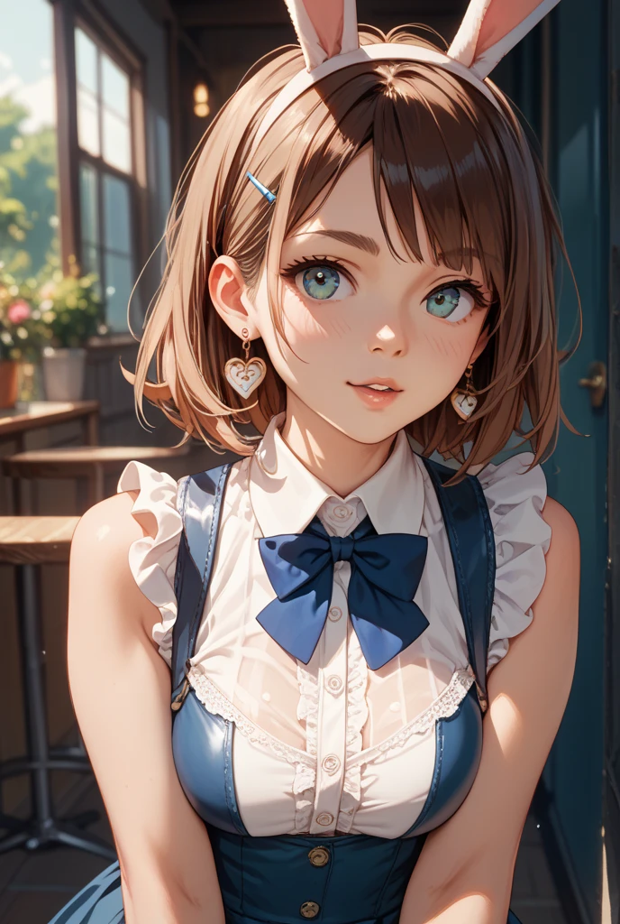 (8k, photo and gross, Best Quality, Masterpiece:1.2), (realist, photo-realist:1.37), ultra detailed,
1 girl,beautiful, Alone,beautiful detailed sky,detailed coffee,evening,session,have a date,(nose blush),(SMILE:1.1),(Closed mouth),big breasts,  SMILE, great separation, Professional lighting, Sony A7R4, Zessie 50mm F1.8,
medium breasts,Beautiful detailed eyes,(collar shirt:1.1), bow tie,pleated skirt,(short hair:1.2),by the floating 