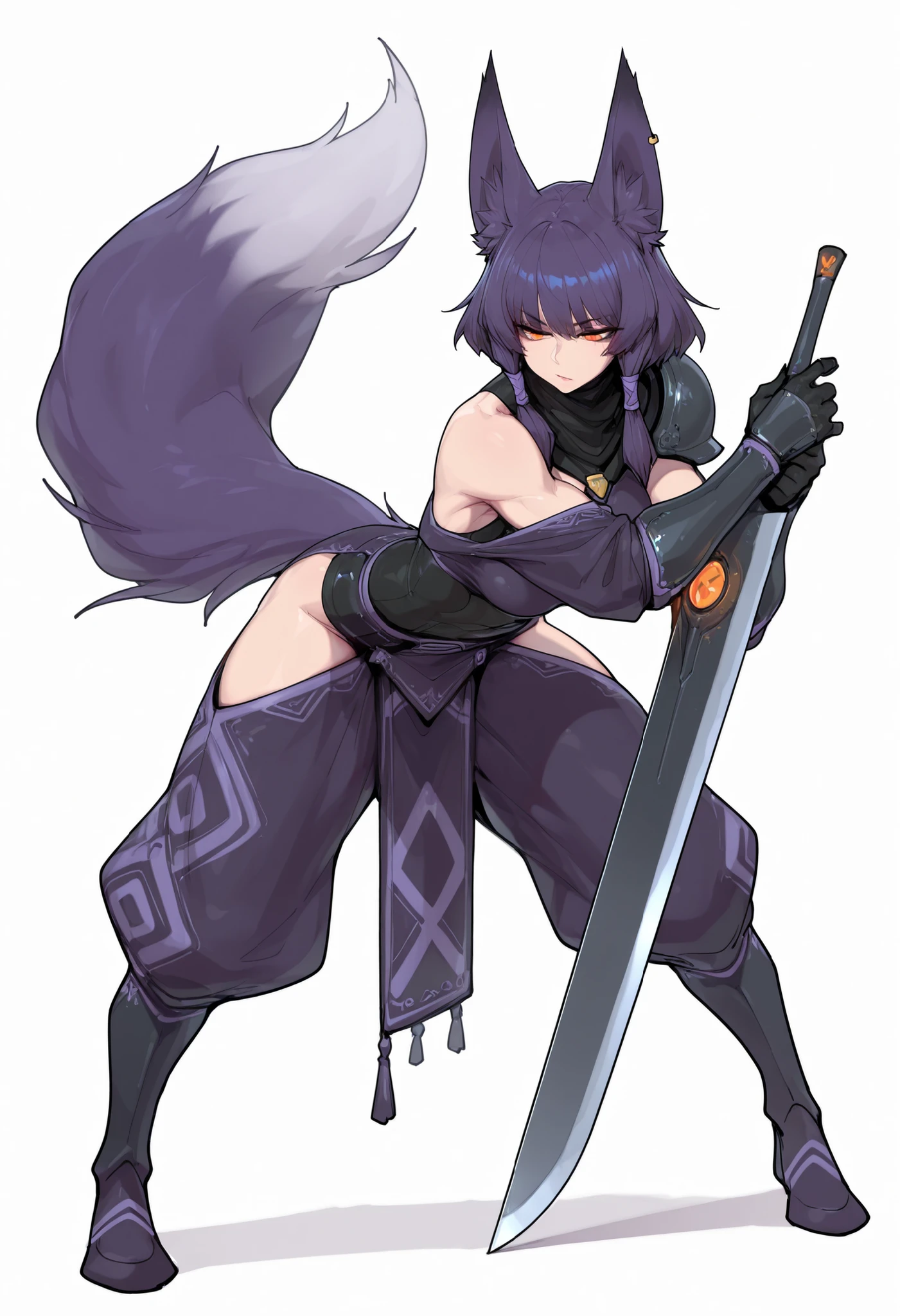 gorgeous kitsune girl, beautiful face, kitsune, hair of ash-purple color, beautiful woman, orange eyes, slit pupils, volputrous body, toned woman, curvy and athletic, fox ears, short hair, dark adventurer jacket, buggy pants, single steel pauldron vambrace and gauntlet, black hands, fox tail, attractive proportions, defined athletic arms and legs, athletic lanky body, fox ears, calm dominant expression, hair tubes, half-closed eyes, medium breasts, huntress, long blade behind, masterpiece, sketch, ultra definition, simple white background, stands upright on two legs, slightly leaning forward, with one foot slightly ahead of the other, left arm is bent at the elbow, with the hand resting on the hip, while the right arm is extended outward and holding a large sword. The sword is angled diagonally, with the blade pointing downward and slightly behind the character