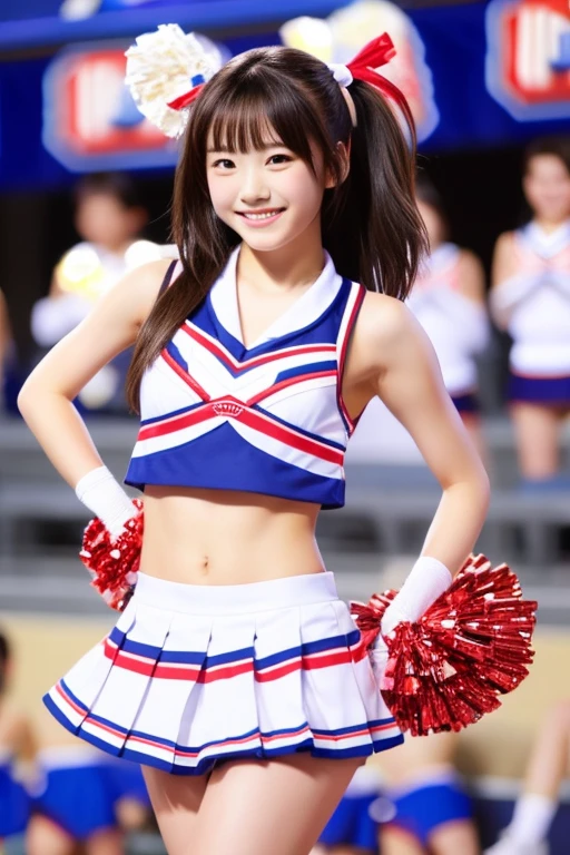Best Quality, master piece, Ultra high resolution, (Photorealsitic:1.4), Raw photo, extremely detailed, 32K portrait, portrait, looking at viewer, (1girl, 12-years-old, Japanese number one idol and the most popular cheerleader, at school festival's stage, wearing only colorful Cheerleader's uniform), ((extremely cute face like a Japanese famous idol, surprisingly beautiful big black eyes, amazingly cute smile, black-hair, very beautiful breasts)), detailed face, detailed eyes, detailed hair, detailed breasts, detailed body, detailed colorful cheerleader's uniform
