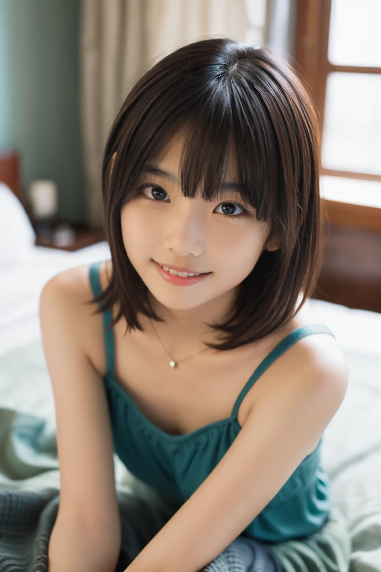 cute 21 year old japanese、super detailed face、Attention to detail、double eyelid、Beautiful thin nose、Sharp focus:1.2、Beauty:1.4、(bright茶髪、short cut hair、white skin、highest quality、bright、masterpiece、ultra high resolution、(realism:1.4)、Bedroom、night、on the bed、Cute Pajamas、best smile、B cup 、