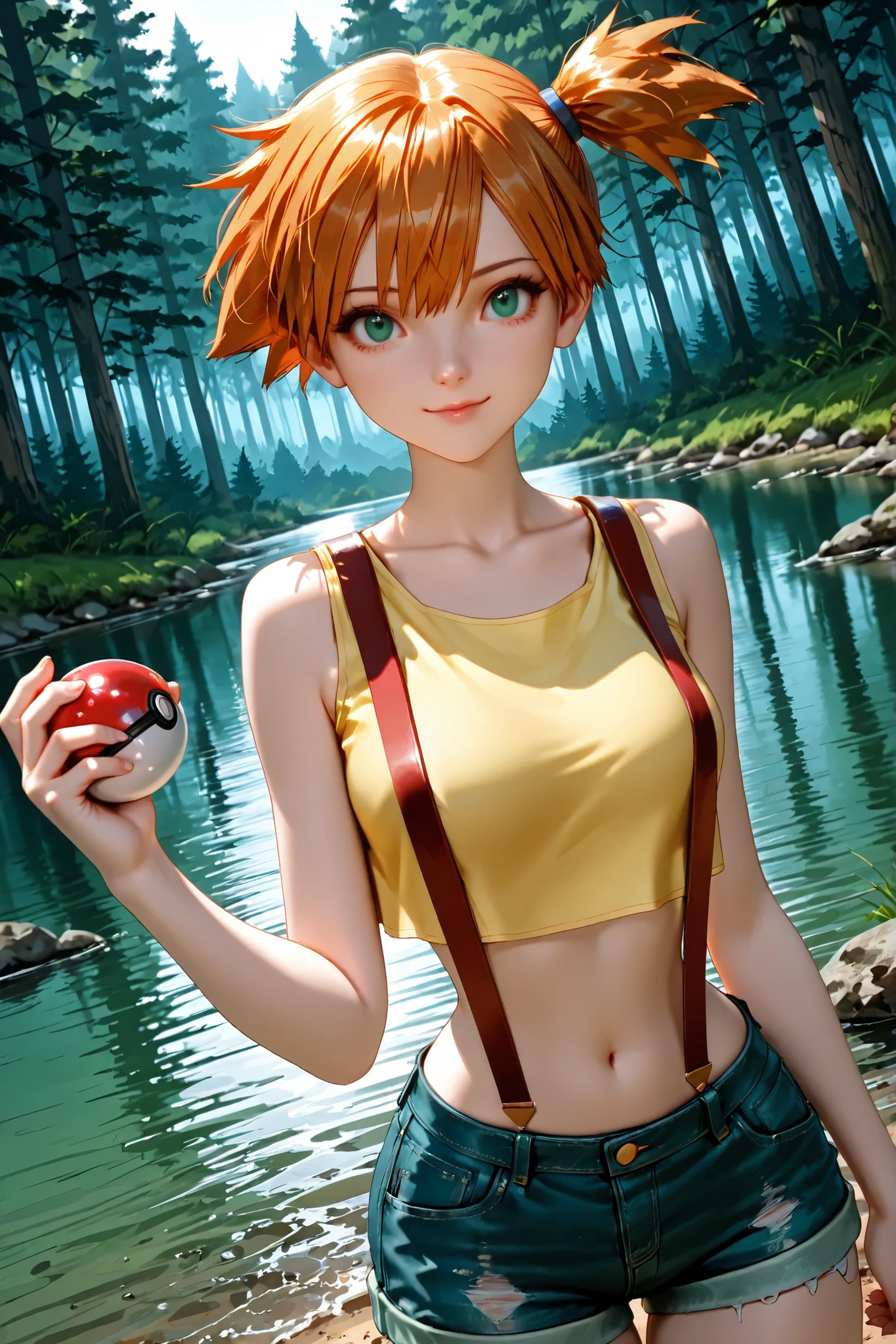 1 girl, Misty, orange hair, short hair, side ponytail, green eyes, beautiful eyes, beautiful face, face sculpted with hyper-realistic details, bare arms, suspenders, navel, midriff, yellow shirt, collarbone, crop top, sleeveless shirt, denim shorts, standing, outdoors, forest, on the shore of a lake, looking at the viewer, detailed hands, pokeball, holding a pokeball, expression of confidence, very cute, cheerful, dutch angle, best quality, masterpiece, ultra detailed, very aesthetic