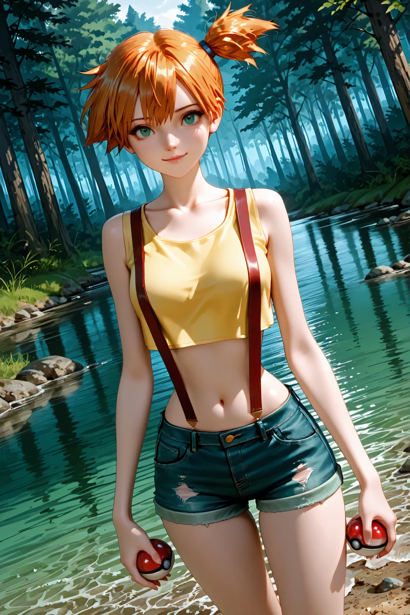 1 girl, Misty, orange hair, short hair, side ponytail, green eyes, beautiful eyes, beautiful face, face sculpted with hyper-realistic details, bare arms, suspenders, navel, midriff, yellow shirt, collarbone, crop top, sleeveless shirt, denim shorts, standing, outdoors, forest, on the shore of a lake, looking at the viewer, detailed hands, pokeball, holding a pokeball, expression of confidence, very cute, cheerful, dutch angle, best quality, masterpiece, ultra detailed, very aesthetic