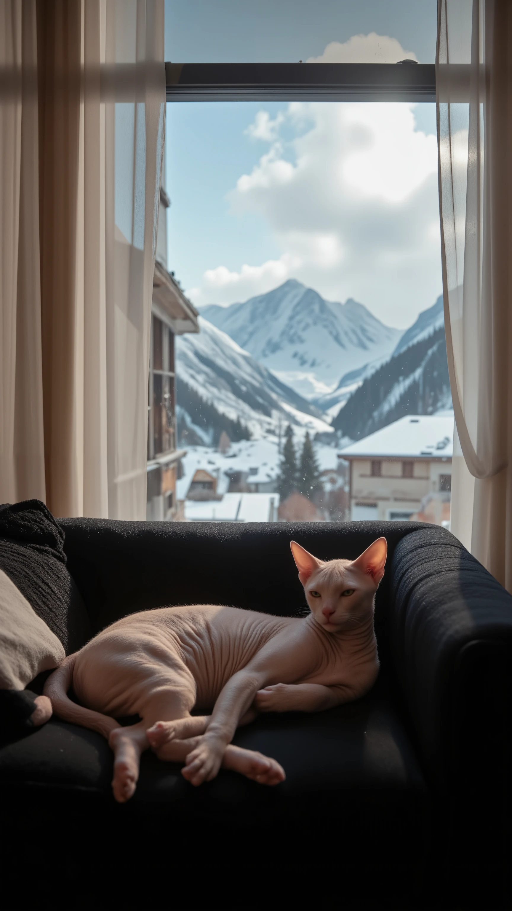high-definition images、Picture of a cat in the house、brown sphinx tsugai、cat relaxing on a black sofa、under a window with a view of snowy mountains