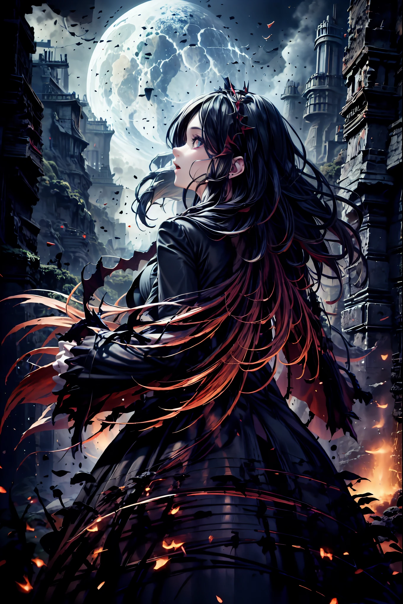 There is only one vampire left alive in this world,Thousand Years of Solitude,Crimson Night、Shadows ,World of Vampires,Family of Vampires,Crimson Night、Shadows ,Detailed Photorealistic Portraits,bust shot,I'm messing with cowboys,gem,black tiara,pale face,Inflammation,delicate texture,Realistic composition,Dynamic Perspective,Dark Gothic Atmosphere,Medieval Europe, ANCIENT CITY,meteor、空から降り注ぐmeteor、無数のmeteor群,I can see the fangs,1 woman,Heavy texture ,amazing lighting,Deep Shadows ,Using Dark and Delicate Colors,painterly texture,high resolution,4K Digital Art,realistic textures,Professional,EXTREME DETAILS,Vivid Color,Bokeh