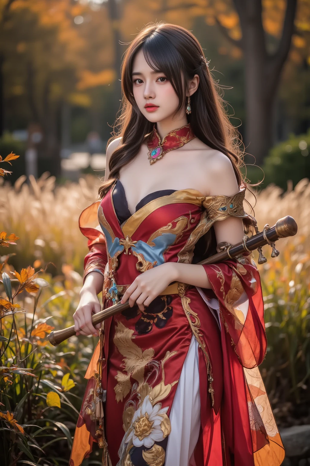 （From the outside） ， many color，Best quality at best，8K，real photograph，Delicate skin details，tmasterpiece，photograph of-realistic，Complicated details，RAW photogr，Under the trees，florals，Gorgeous cheongsam，Extra-long hair，cropped shoulders，delicated face，Expose cleavage，decorations，Perfect Finger，Dissection is correct，(Huge room，0.8)，shiny skins