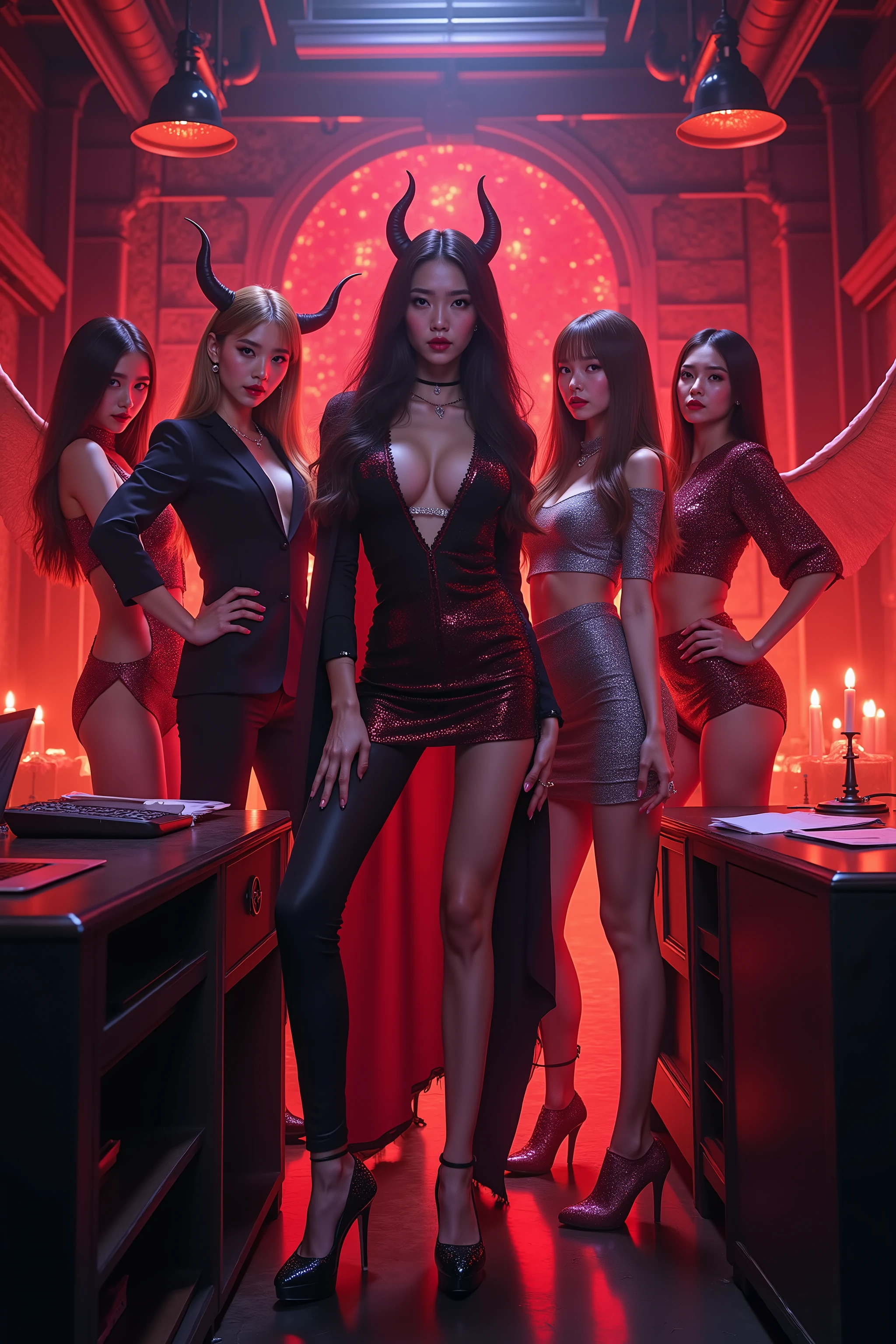 💋 : charismatic demons lead a K-pop group in hell
🌟 : Anime-Stil, 8K, lebendig, inspired by dynamic K-pop aesthetics and dark fantasy animation
🌌 : gloomy hell office with glowing red walls, black desks, flackernde Kerzen, in the background a blazing abyss, chaotische, but elegant atmosphere
😈 : three demons in chic office outfits – one with horns in a black suit, one with wings in a red pencil skirt, another with a tail in a gray shirt – mentor a K-pop idol group with six girls in glittery, neon-colored costumes
🔥 : the demons stand confidently, hands on documents or microphones, while the idol group poses, her eyes glow with excitement, a seductive energy permeates the room