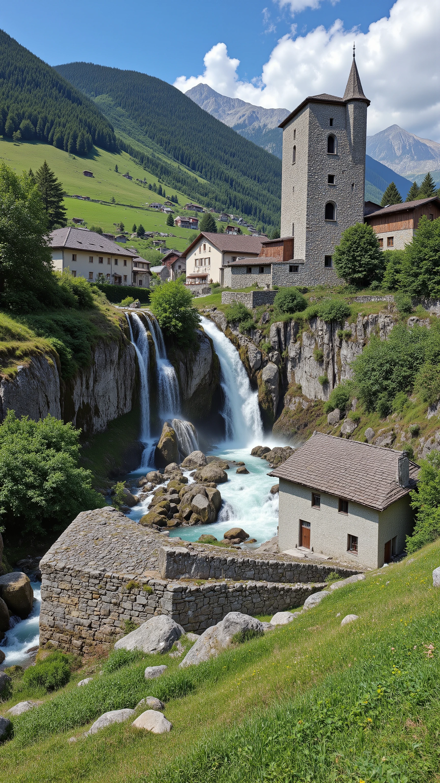 high-definition footage、a village located in the Bavona Valley in the Swiss canton of Ticino、Stone House々、Fororio in the Carnegia Valley is lined with Stone Houses、A spectacular 100-meter-high waterfall in the distance