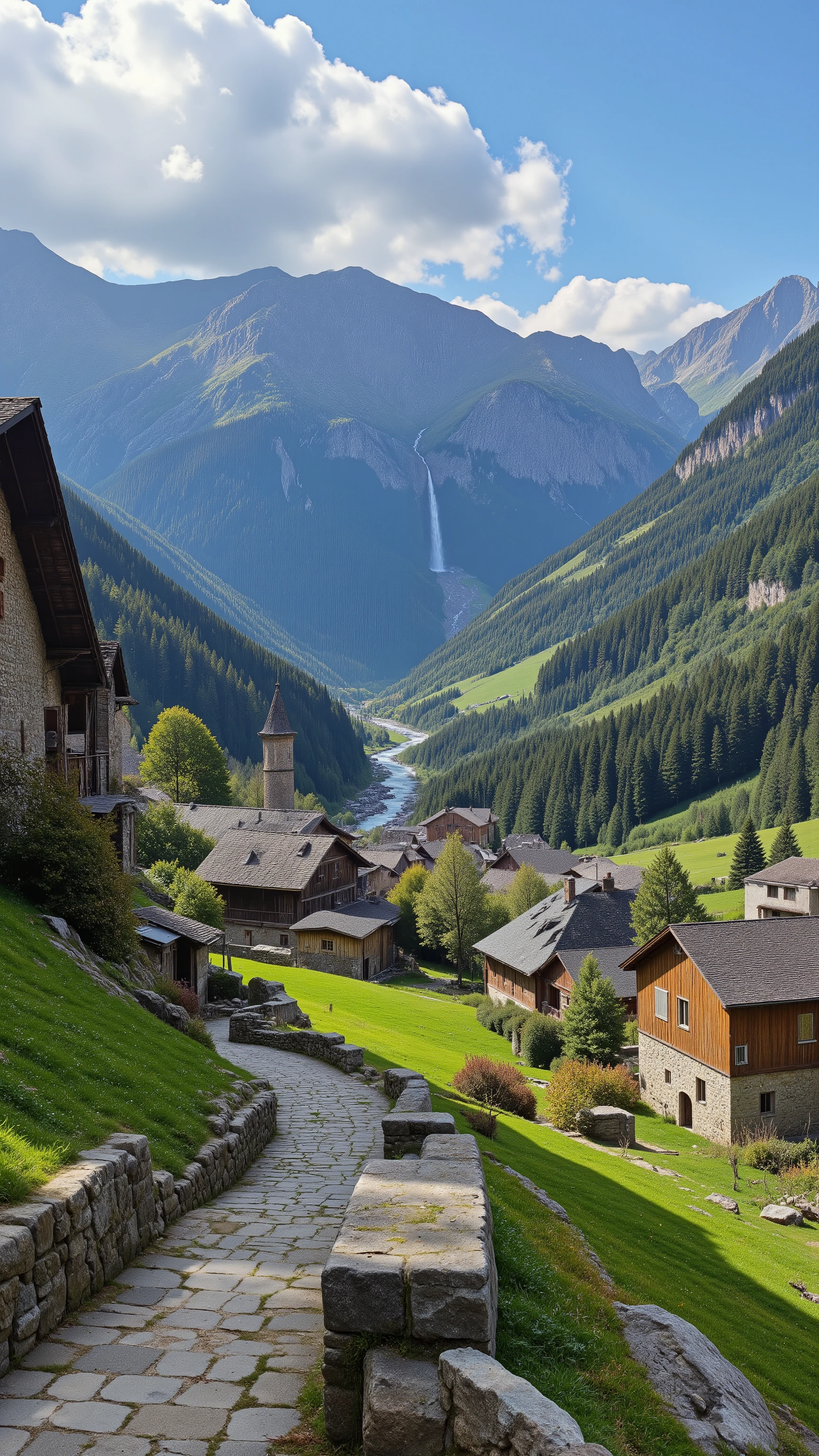 high-definition footage、a village located in the Bavona Valley in the Swiss canton of Ticino、Stone House々、Fororio in the Carnegia Valley is lined with Stone Houses、A spectacular 100-meter-high waterfall in the distance