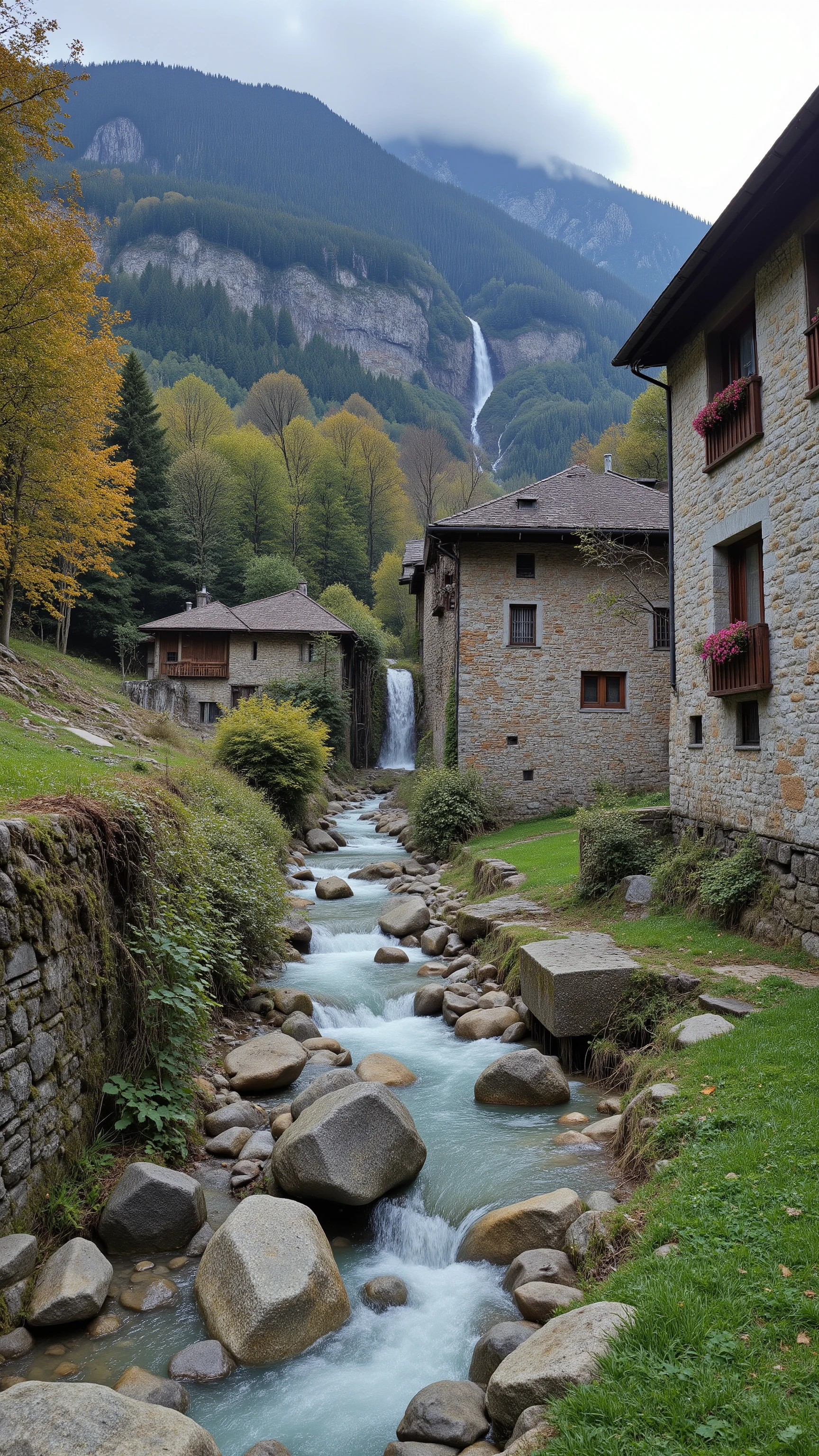 high-definition footage、a village located in the Bavona Valley in the Swiss canton of Ticino、Stone House々、Fororio in the Carnegia Valley is lined with Stone Houses、A spectacular 100-meter-high waterfall in the distance
