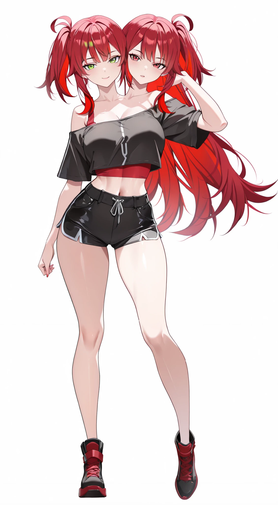 (masterpiece),(ultra-detailed), (high quality), (high resolution), (best quality:1.5, highres, UHD), highres, absurdo, ultra detail, ultra quality, Ultra resolution, 16k, 1girl, (2heads:1.5), girl with two heads, (red hair:1.5)), ((different hair colors:1.5)), (shorts), bare shoulder crop top, sexy proportions, (exposed midriff), thighs, Beautiful girl with accentuated slender abs, ((seductive posture)), red crop top, ((different hairstyles)), different haircuts, (long hair), (red eyes), (green eyes), red crop shirt