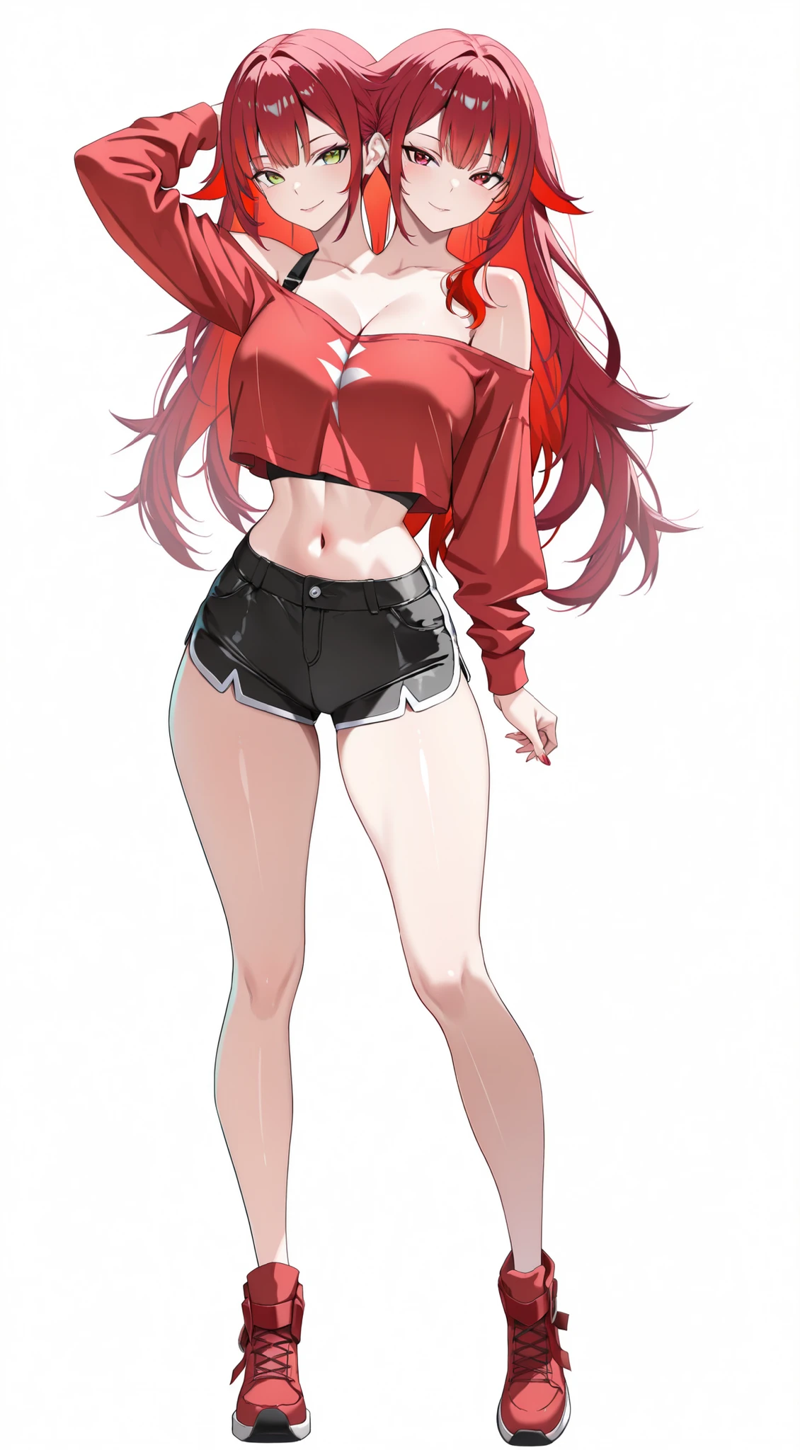 (masterpiece),(ultra-detailed), (high quality), (high resolution), (best quality:1.5, highres, UHD), highres, absurdo, ultra detail, ultra quality, Ultra resolution, 16k, 1girl, (2heads:1.5), girl with two heads, (red hair:1.5)), ((different hair colors:1.5)), (shorts), bare shoulder crop top, sexy proportions, (exposed midriff), thighs, Beautiful girl with accentuated slender abs, ((seductive posture)), red crop top, ((different hairstyles)), different haircuts, (long hair), (red eyes), (green eyes), red crop shirt