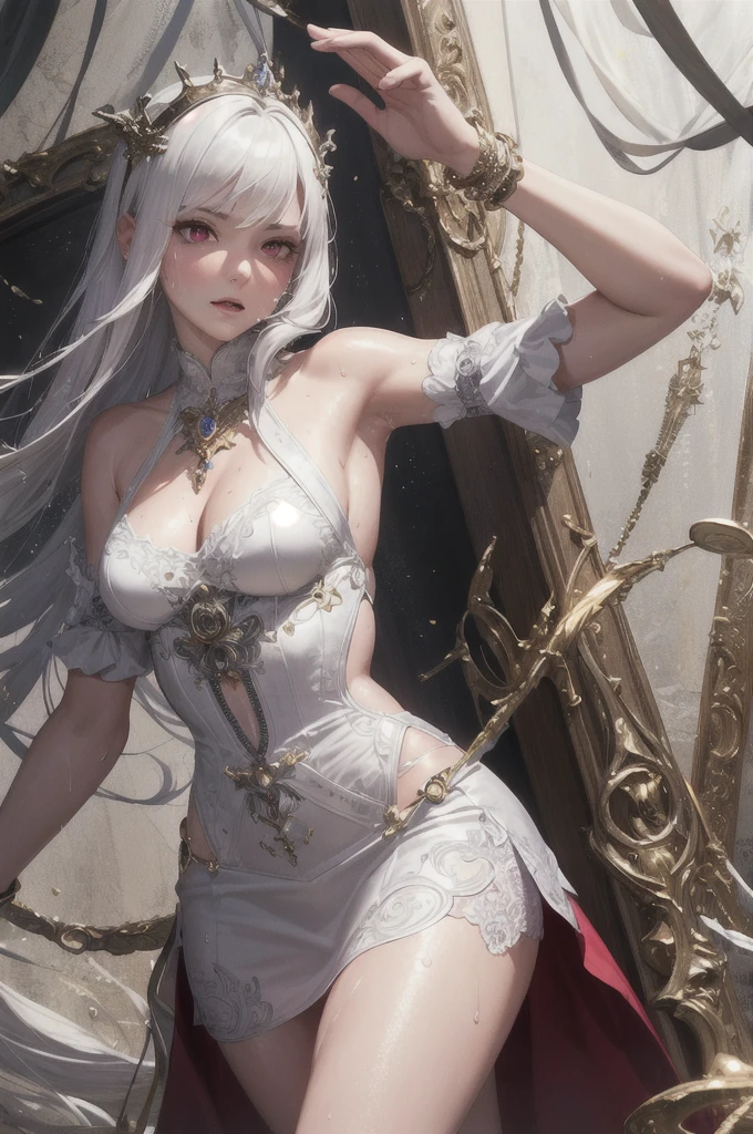 Hyper realistic, high resolution, 1 girl, wavy white hair, Ukrainian, blue eyes, small moles under the eyes, transparent nightgown open behind, ?????????????, long legs, tight abs, full-length, ???? pose