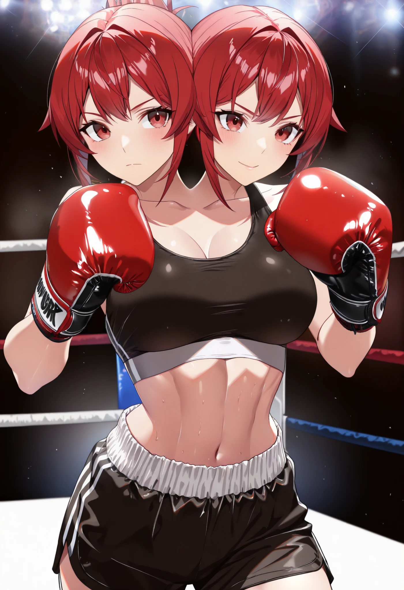 (masterpiece),(ultra-detailed), (high quality), (high resolution), (best quality:1.5, highres, UHD), highres, absurdo, ultra detail, ultra quality, Ultra resolution, 16k, 1girl, (2heads:1.5), , red hair, female boxer, boxing gloves, boxing ring, midriff