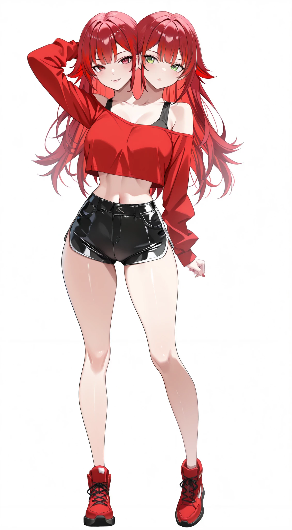 (masterpiece),(ultra-detailed), (high quality), (high resolution), (best quality:1.5, highres, UHD), highres, absurdo, ultra detail, ultra quality, Ultra resolution, 16k, 1girl, (2heads:1.5), girl with two heads, (red hair:1.5)), ((different hair colors:1.5)), (shorts), bare shoulder crop top, sexy proportions, (exposed midriff), thighs, Beautiful girl with accentuated slender abs, ((seductive posture)), red crop top, ((different hairstyles)), different haircuts, (long hair), (red eyes), (green eyes), red crop shirt