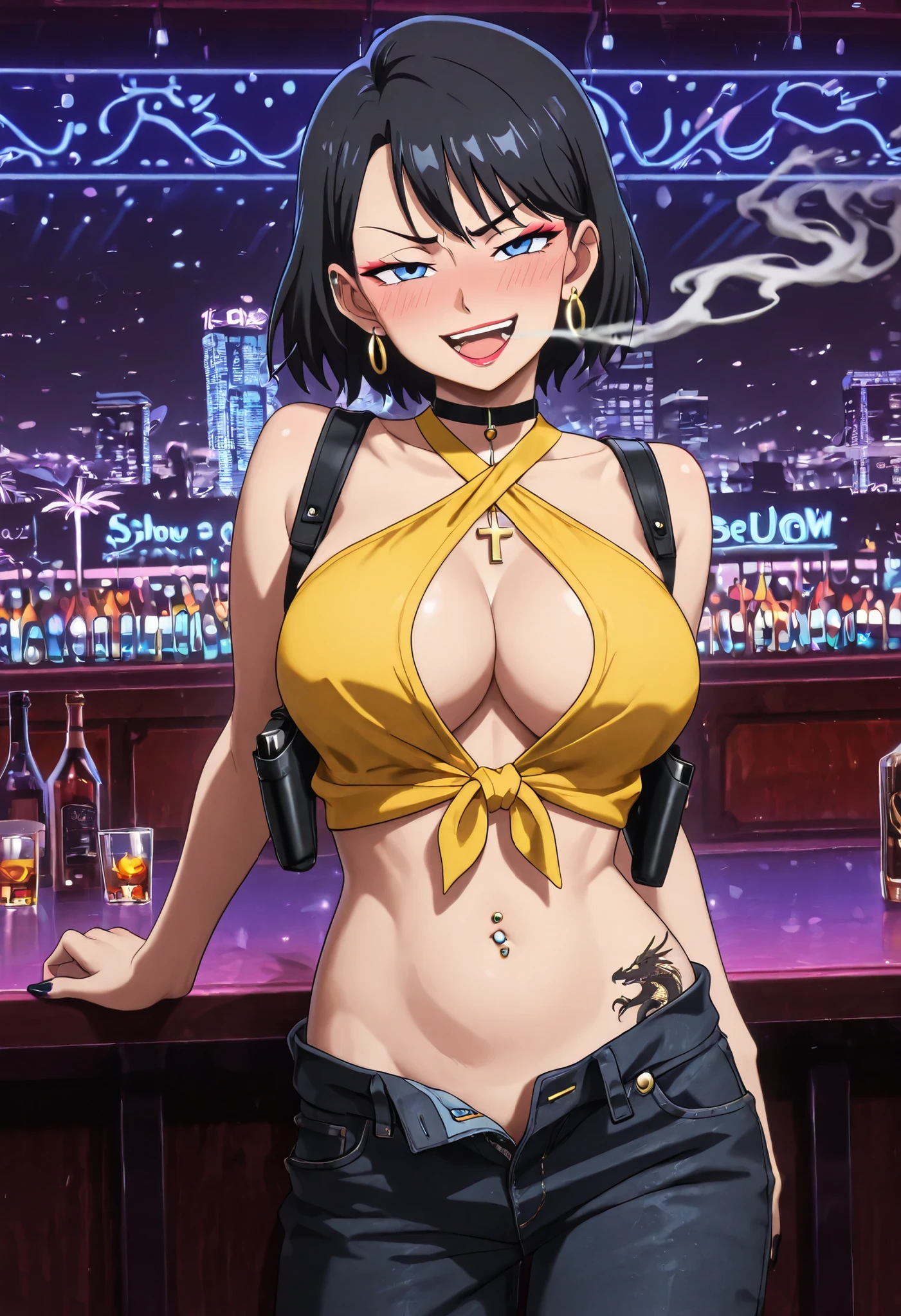 masterpiece, best quality, amazing quality, girl, short hair, black hair, blue eyes, loop earrings,,nail polish , , makeup , ear piercing , long hair , lipstick , Hot girl , baddie , smoking , sensual , attractive , choker , cross necklace , yellow top, sleeveless, , drunk, solo,bar background, inside bar, indoors, cityscape, casino, nightclub, city lights,, pull_down jeans(show off panties,:1.2, no panties),masterpiece,high quality,4k,belly,,holding pistol,cleavage, tied shirt,,unbuttoned shirt, collared shirt, knot, smile, open mouth, () , evil expression,belly, exposed navel, exposed midriff, exposed lower belly,dragon print jacket, unbuttoned jeans , low rise black jeans, Low rise jeans with open fly, motorcycle jacket, criss-cross halter with center opening, shoulder holster, navel piercing ,medium large ,,looking at viewer , dragon tattoo on waist, narrowed eyes, tattoo on waist, anipai_style , anime screencap , anime coloring, v-shape eyebrows,