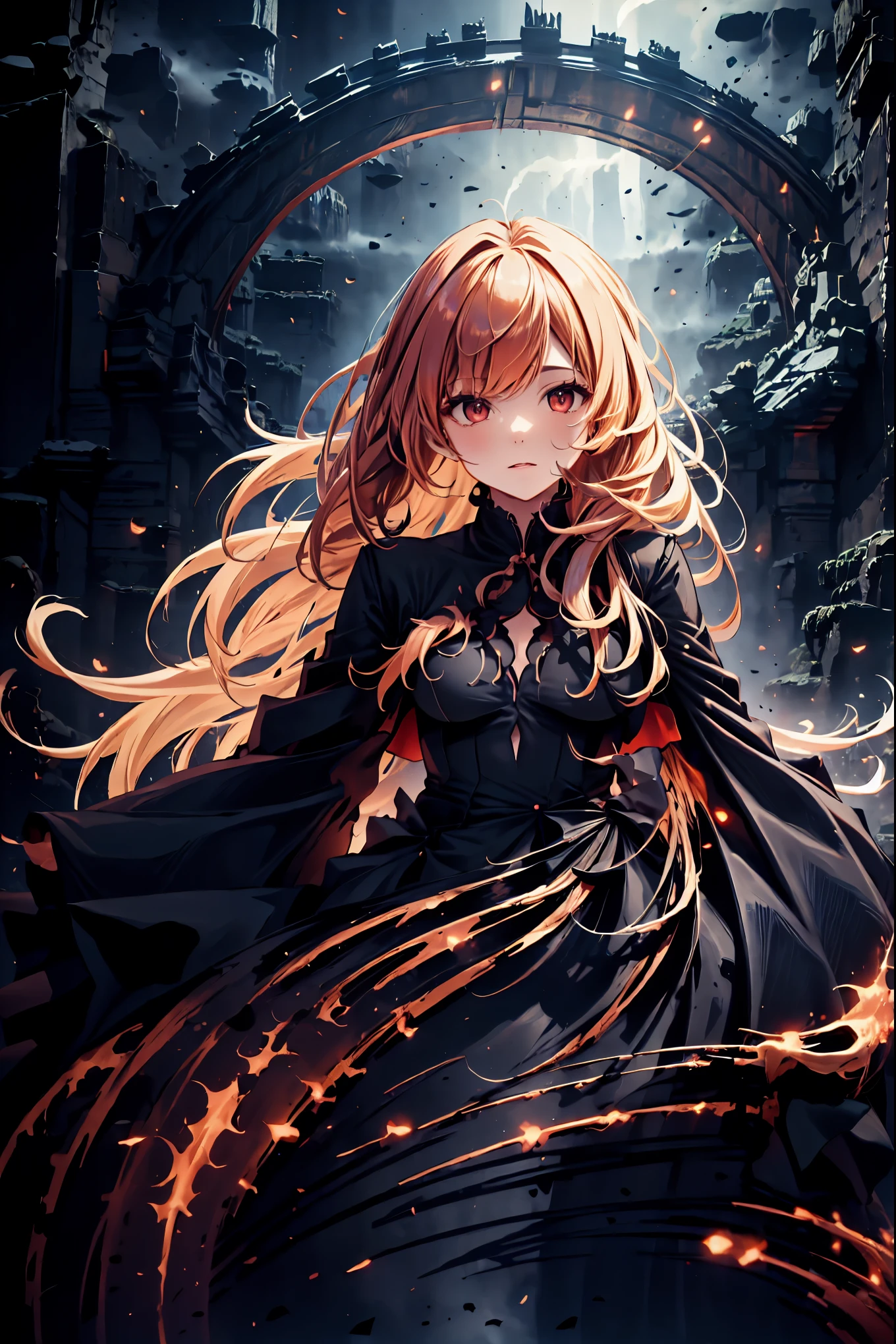 There is only one vampire left in this world,Thousand Years of Solitude,Crimson Night、Shadows ,The World of Vampires,Family of Vampires,Crimson Night、Shadows , Detailed Realistic Portraits,Blonde,bust shot,cowboy shot,gem,black tiara,pale face,Inflammation,delicate texture,Realistic composition,dynamic perspective,Dark Gothic Atmosphere,Medieval Europe, ANCIENT CITY,meteor、空から降り注ぐmeteor、無数のmeteor群,I can see the fangs,1 woman,Heavy texture ,amazing lighting,Deep Shadows ,Using Dark and Delicate Colors,painterly texture,high resolution,4K Digital Art,realistic textures,Professional,EXTREME DETAILS,Vivid Color,Bokeh