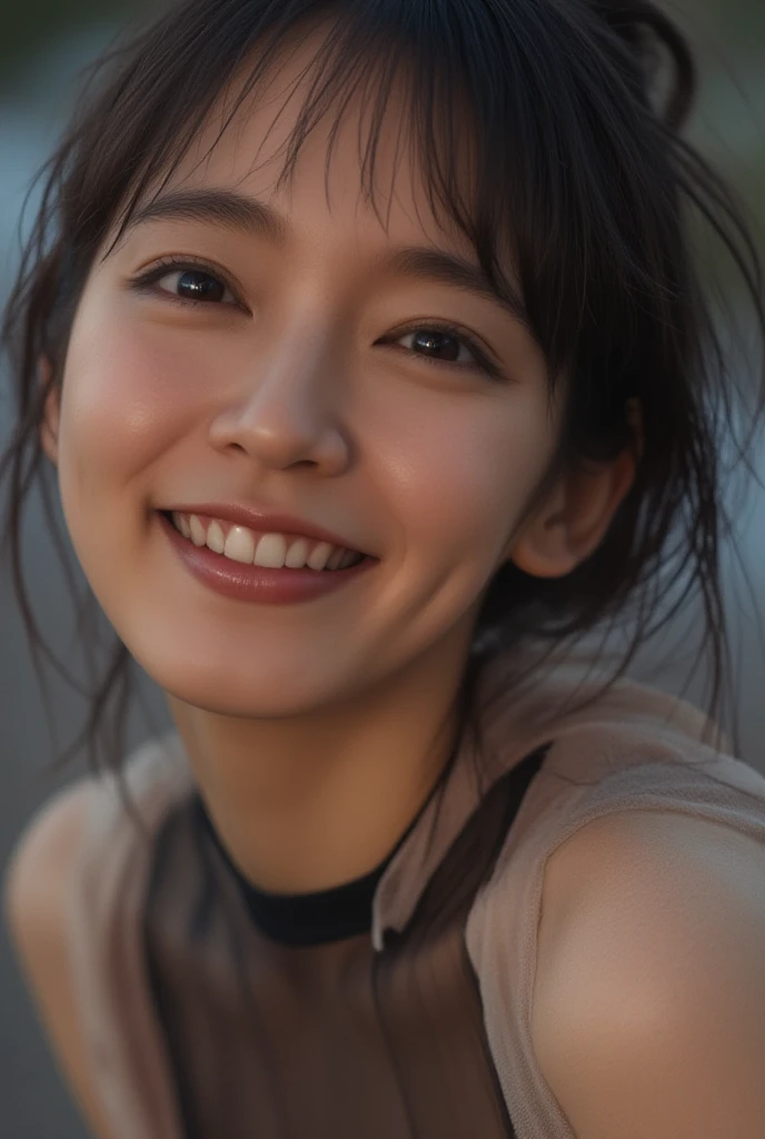(Realistic, Photorealistic: 1.37), (8K, Raw photo, Best Quality, masutepiece: 1.2), Shy smile, messy and wet hair, tropical rainforest、a slight light、Realistic skin with visible pores